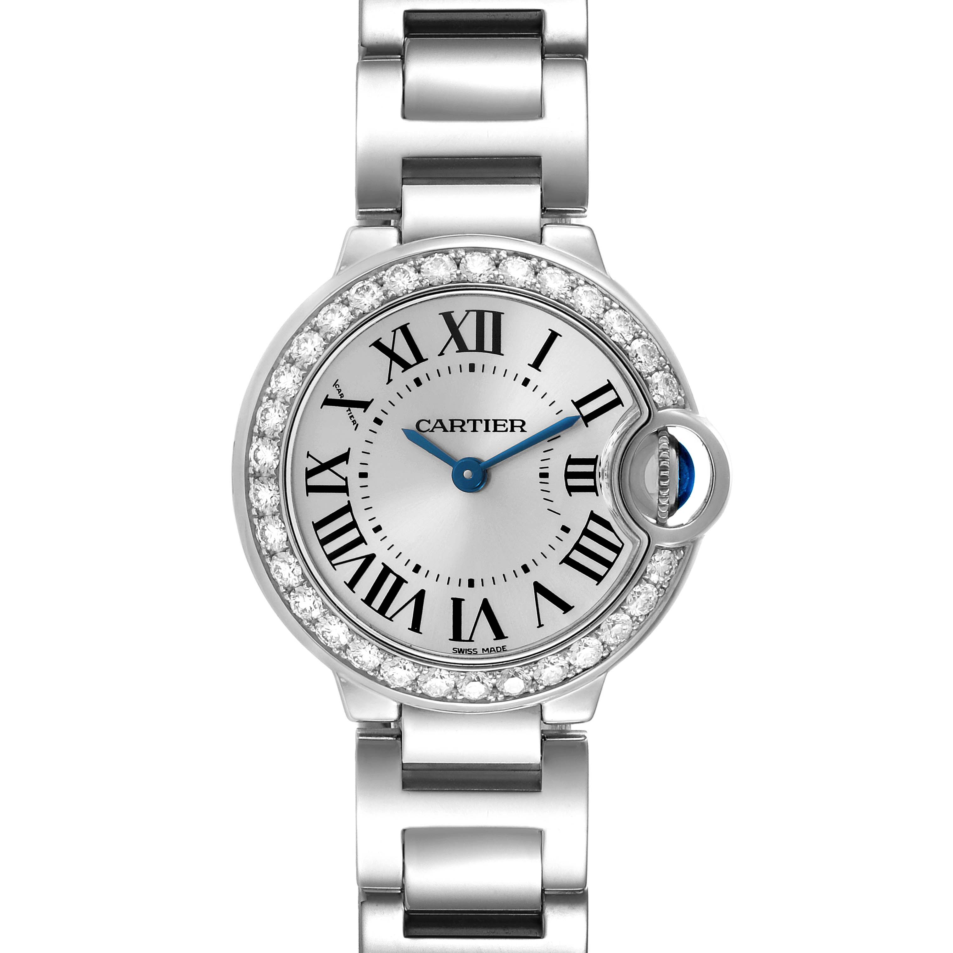 The Cartier Ballon Bleu WE9003Z3 Women
s White Gold Silver Dial WE9003Z3 Women
s White Gold Silver Dial watch is shown from the front, displaying the face, bezel, and bracelet links.