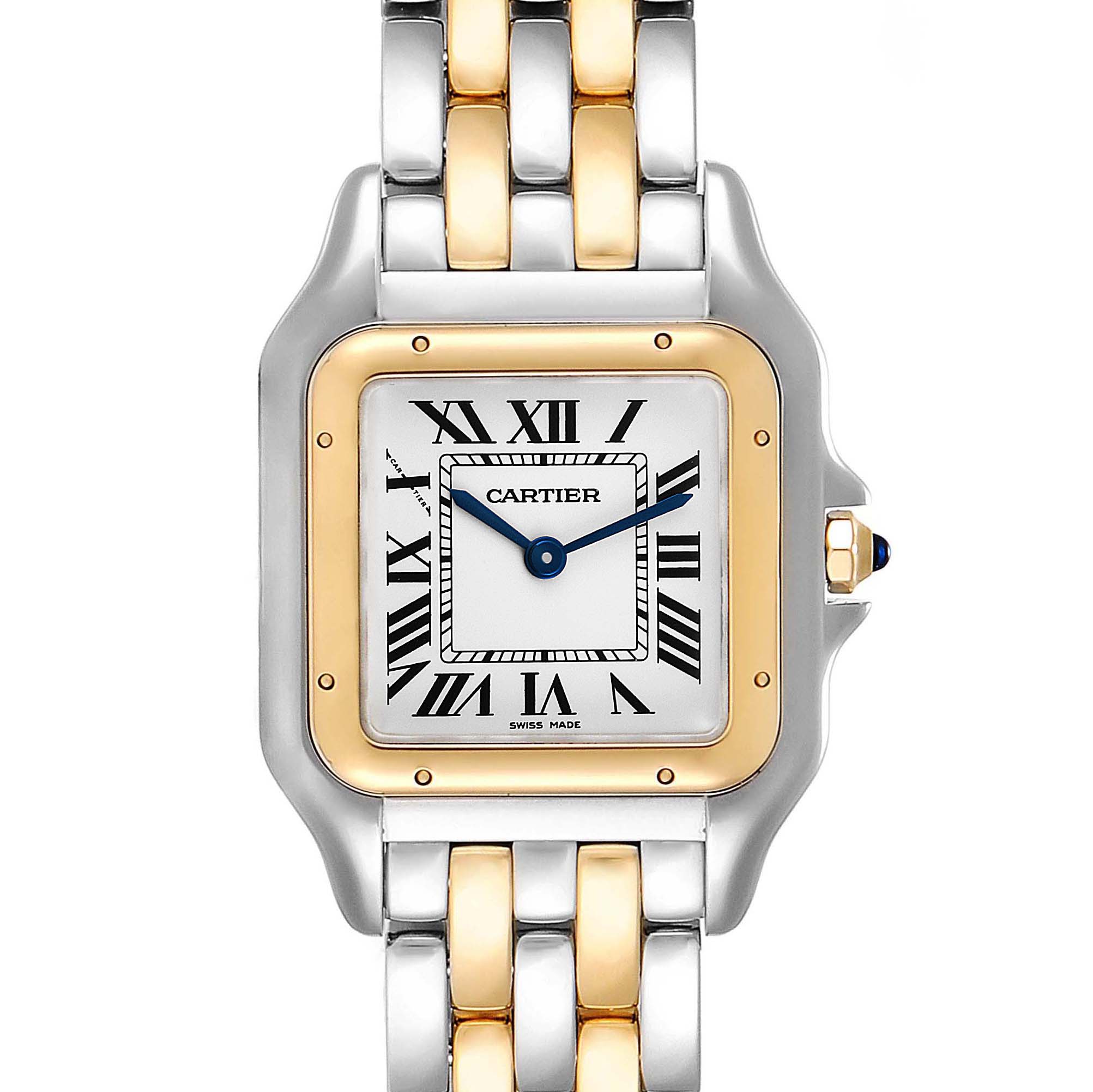 The Cartier Panthere W2PN0007 Women
s Steel and Gold (two tone) Silver Dial W2PN0007 Women
s Steel and Gold (two tone) Silver Dial watch is shown from the front, displaying its face, bezel, crown, and part of its bracelet.