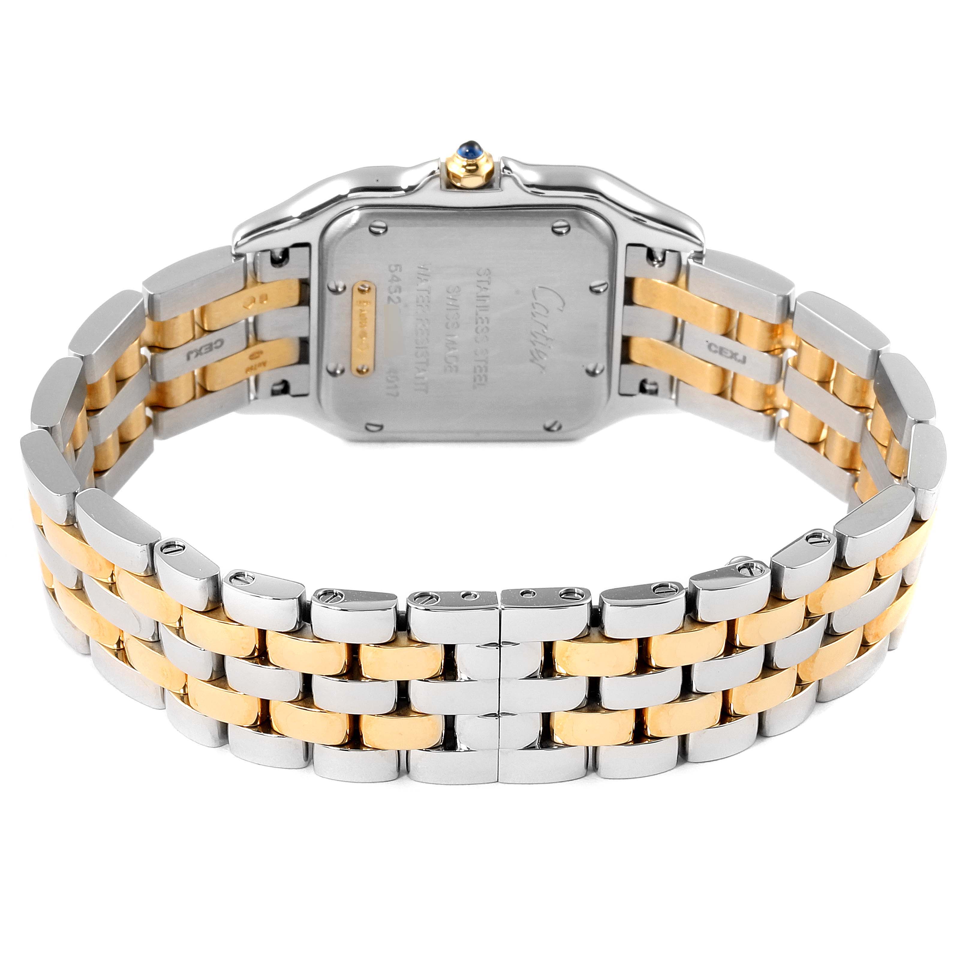 The image shows the back and bracelet of a Cartier Panthere W2PN0007 Women
s Steel and Gold (two tone) Silver Dial W2PN0007 Women
s Steel and Gold (two tone) Silver Dial watch with two-tone links.