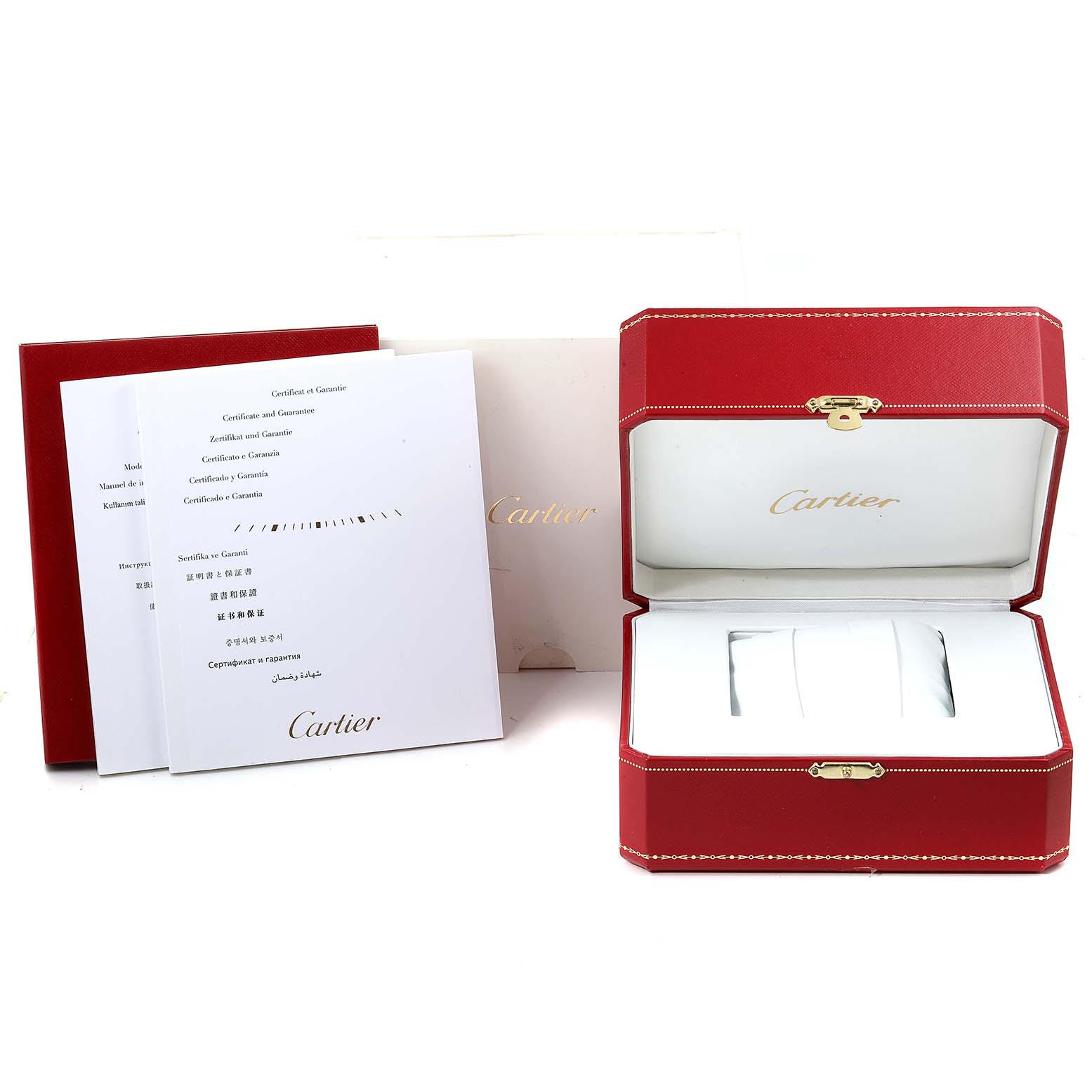 The image shows the packaging and documents, including the red box and manuals, for the Cartier Panthere W2PN0007 Women
s Steel and Gold (two tone) Silver Dial W2PN0007 Women
s Steel and Gold (two tone) Silver Dial model watch.