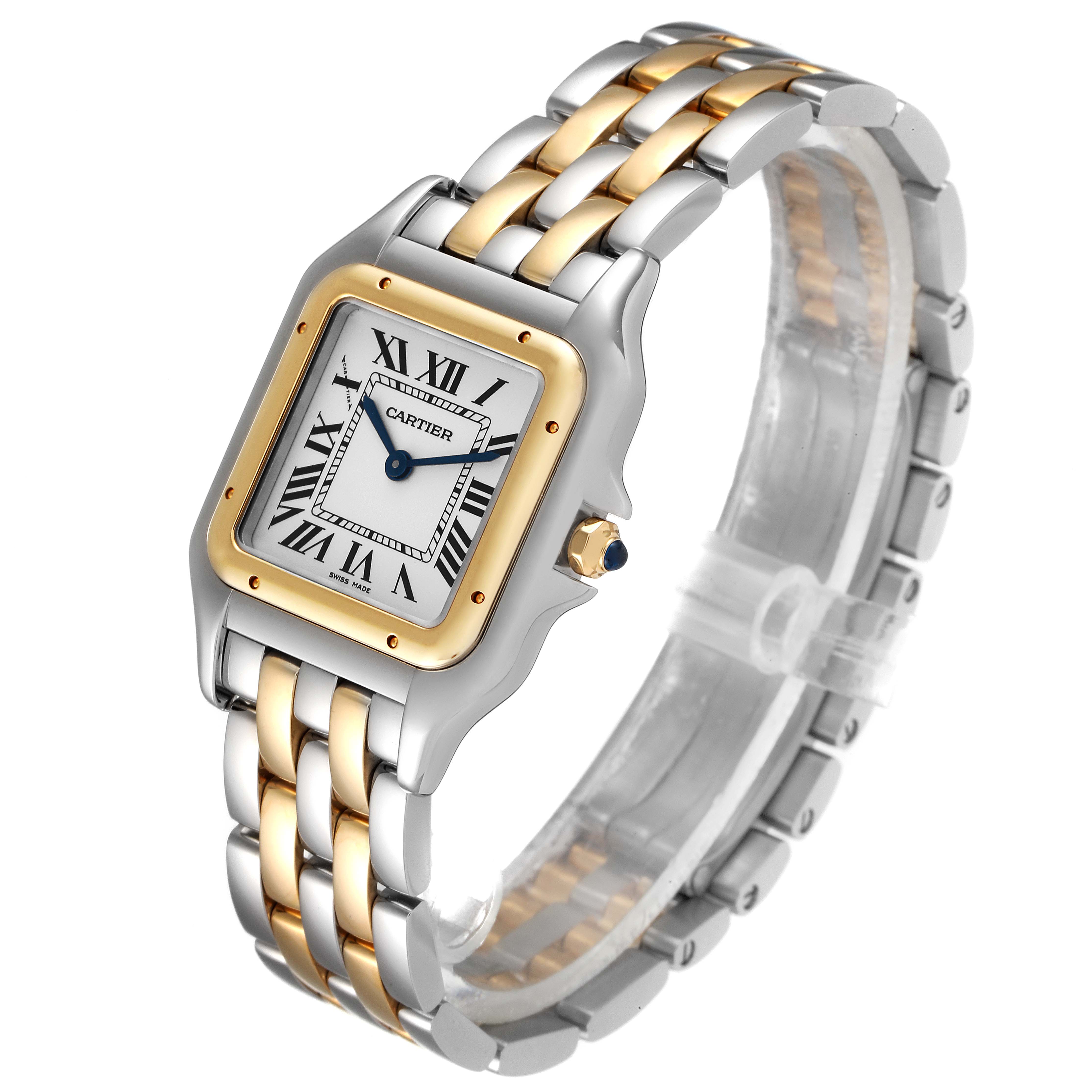 This image shows a Cartier Panthere W2PN0007 Women
s Steel and Gold (two tone) Silver Dial W2PN0007 Women
s Steel and Gold (two tone) Silver Dial watch at a slight angle, highlighting its bezel, dial, and two-tone bracelet.