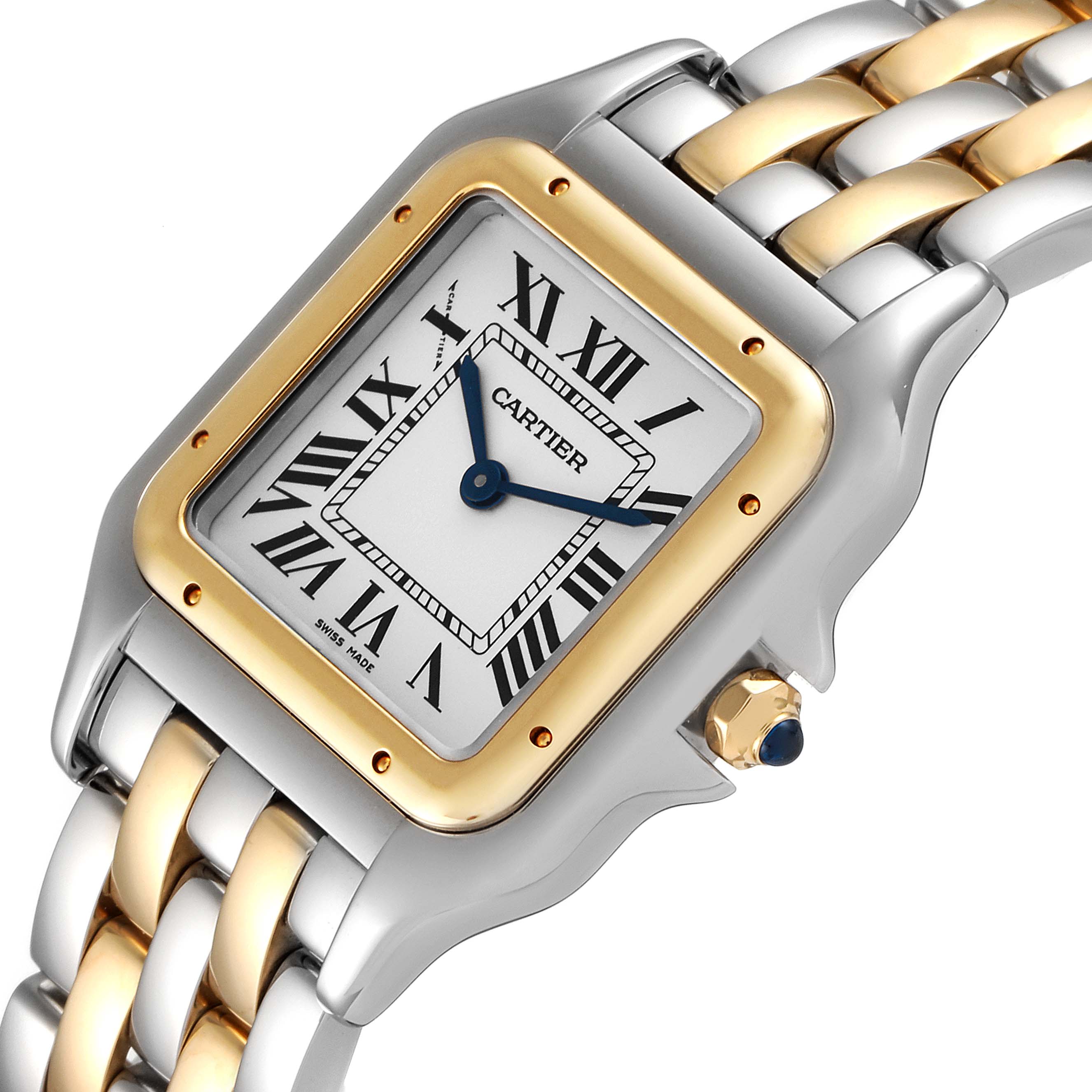 The image shows a close-up of the Cartier Panthère watch, highlighting the face, bezel, and part of the bracelet.