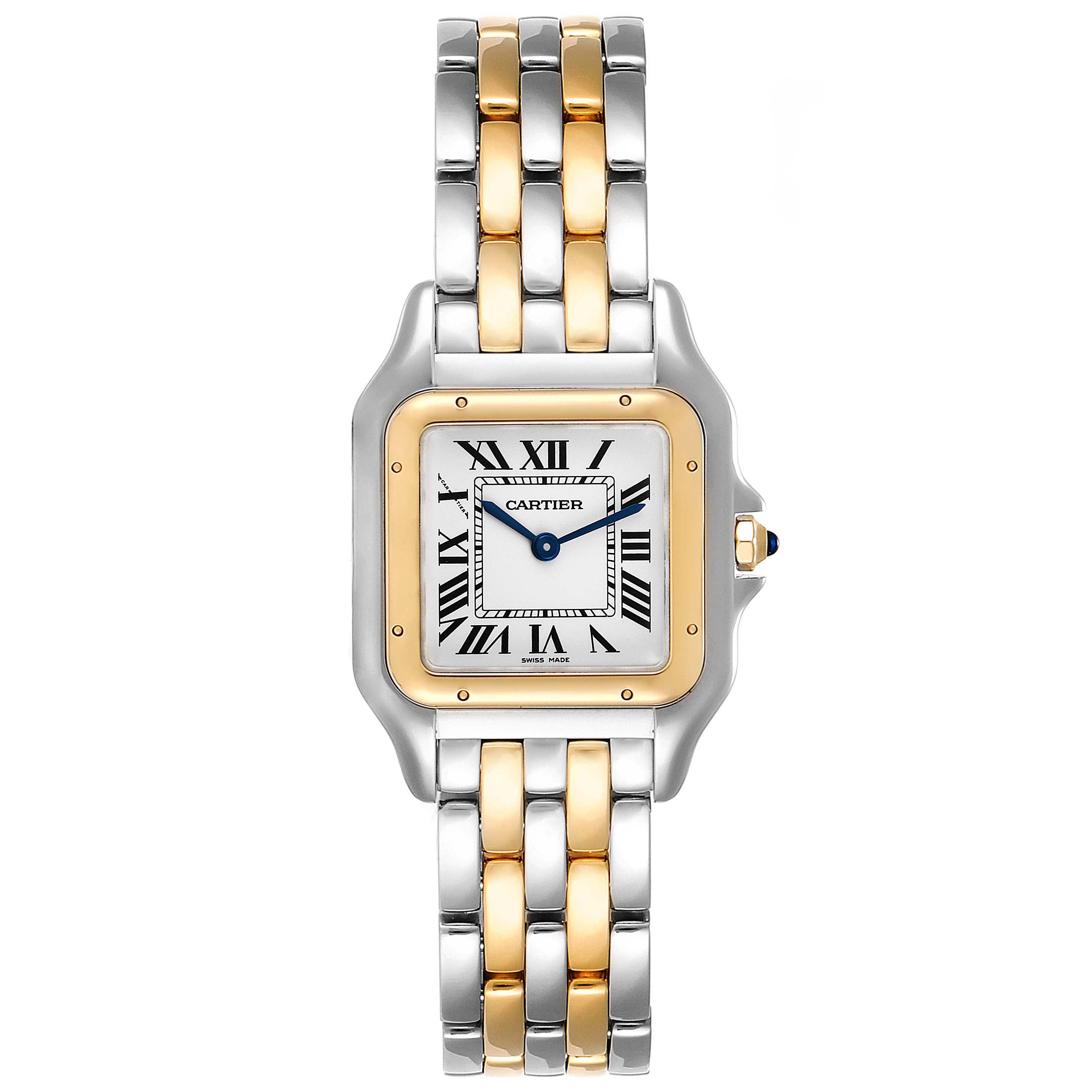 This Cartier Panthere W2PN0007 Women
s Steel and Gold (two tone) Silver Dial W2PN0007 Women
s Steel and Gold (two tone) Silver Dial watch is shown from a top-down angle, displaying its face, bezel, and two-tone metal bracelet.