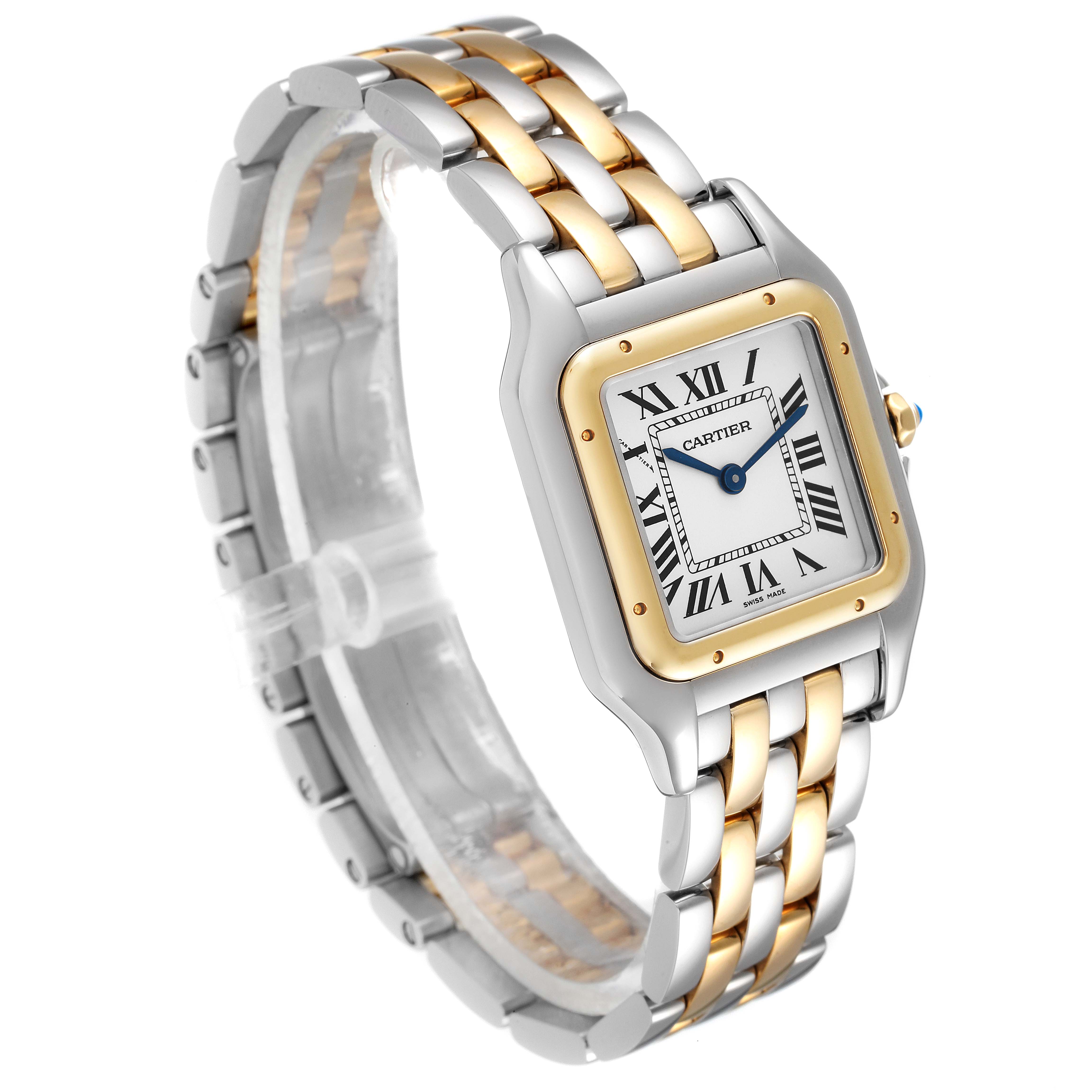 The image shows a Cartier Panthere W2PN0007 Women
s Steel and Gold (two tone) Silver Dial W2PN0007 Women
s Steel and Gold (two tone) Silver Dial watch at a slight angle, highlighting its gold and silver bracelet and square face.