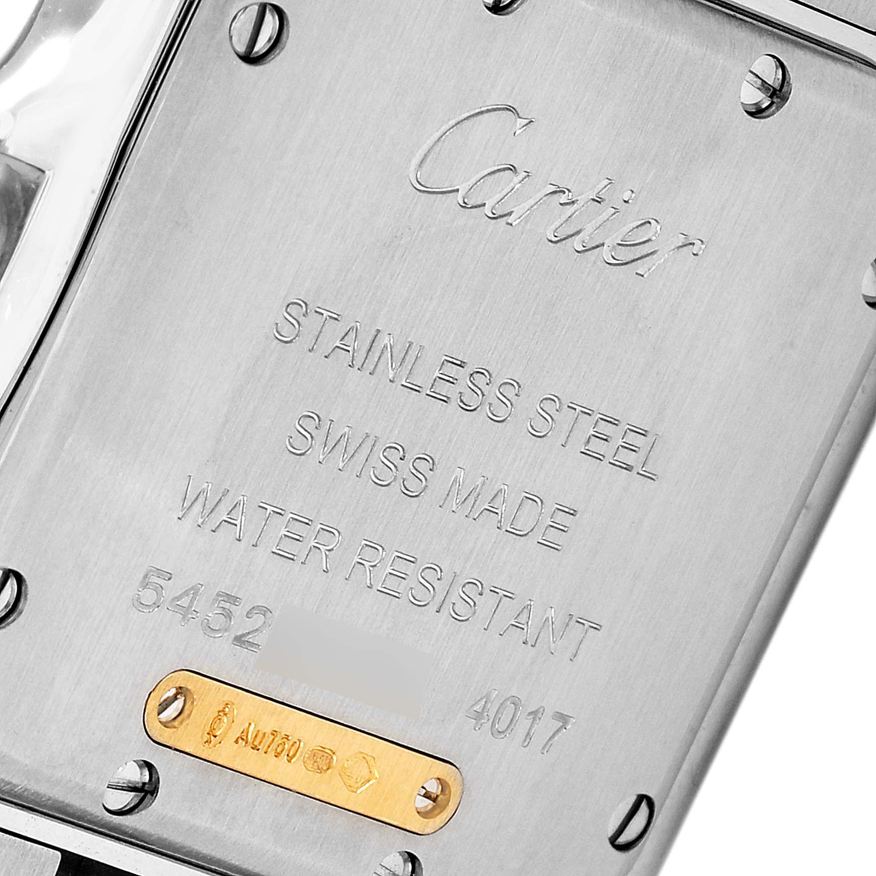 The image shows the back of a Cartier Panthère watch, highlighting the engraved brand and specifications.