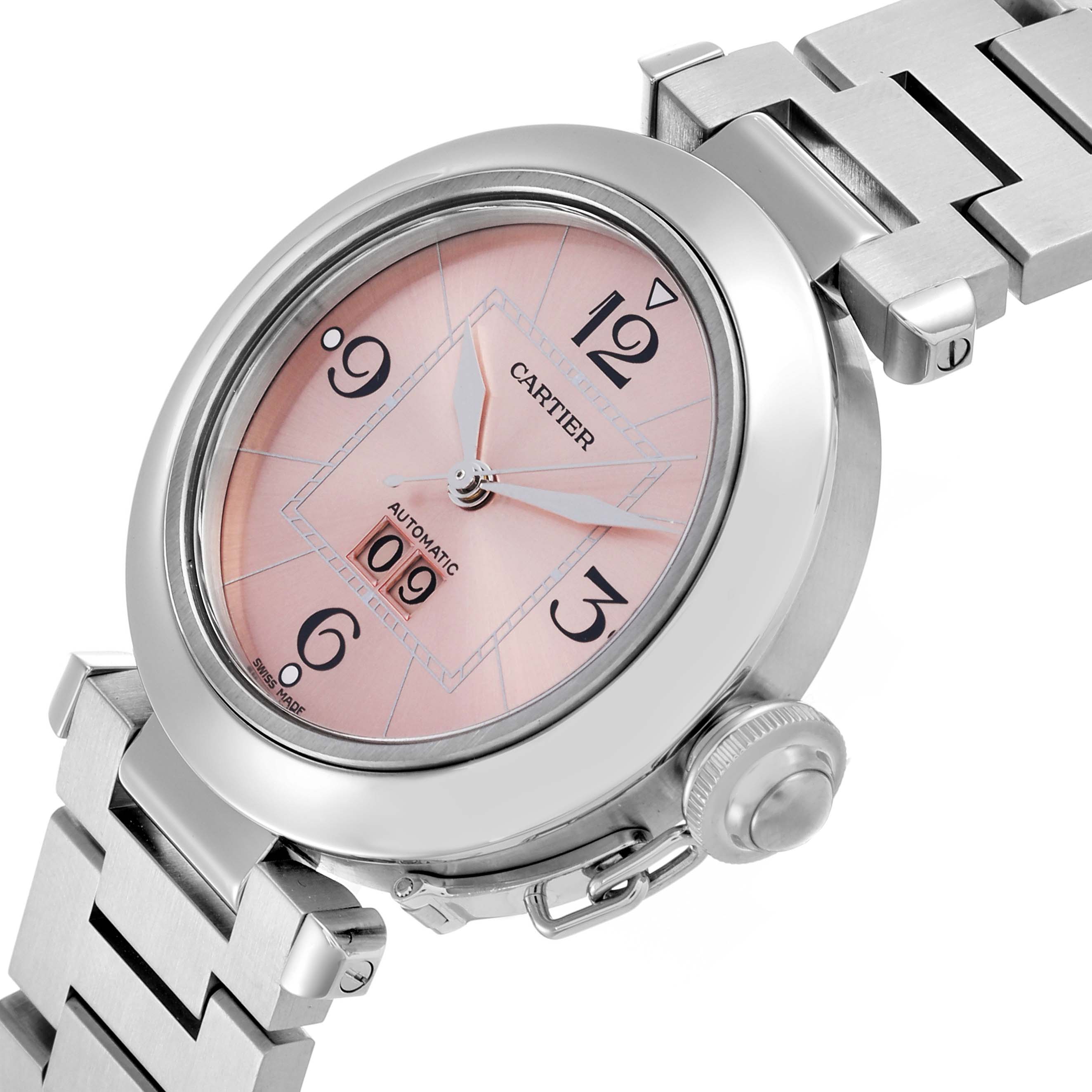 The Cartier Pasha W31058M7 Women's Stainless Steel Pink Dial W31058M7 Women's Stainless Steel Pink Dial watch is shown at an angle highlighting the face, crown, and part of the bracelet.