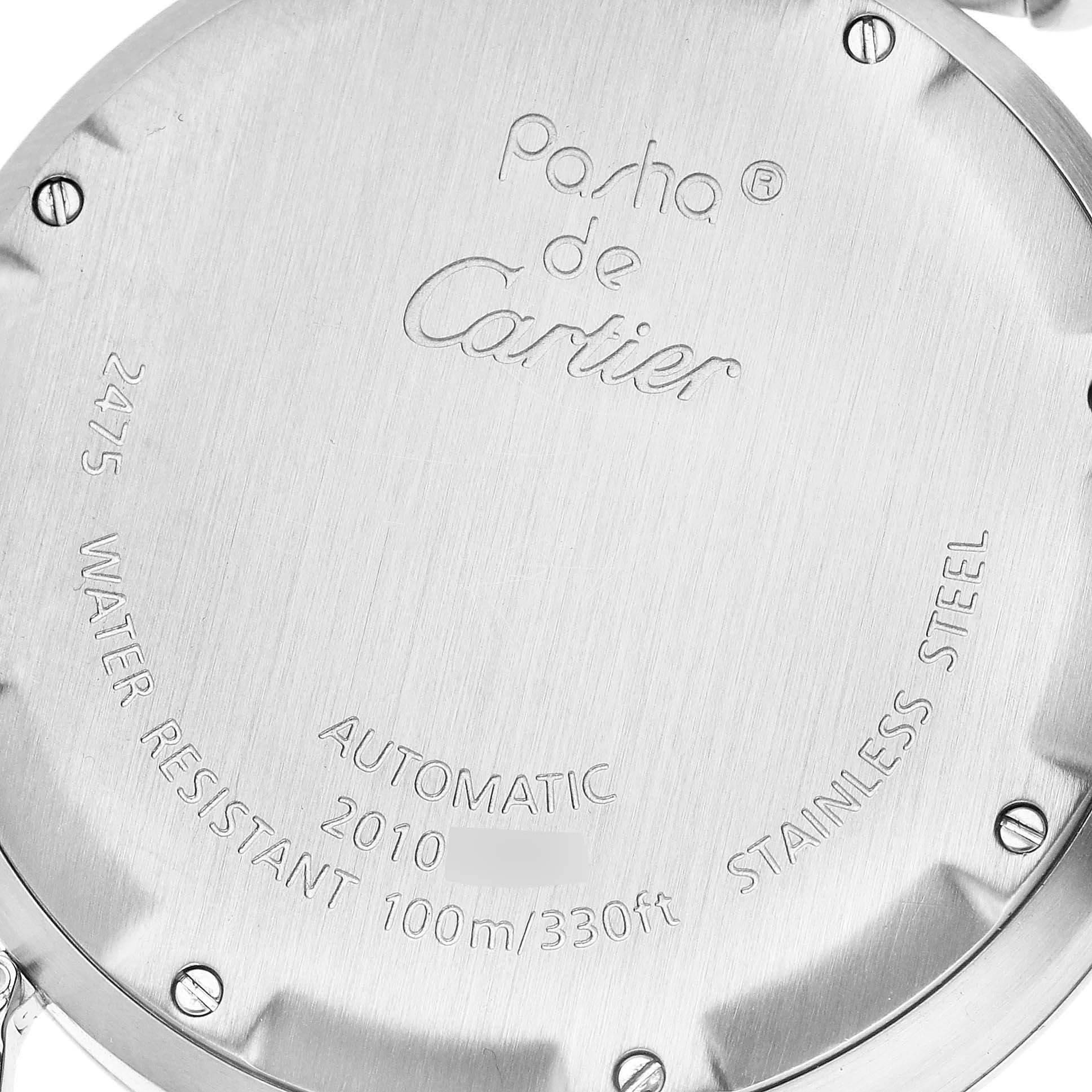 The image shows the back case of a Cartier Pasha W31058M7 Women's Stainless Steel Pink Dial W31058M7 Women's Stainless Steel Pink Dial watch, detailing the model number and specifications.