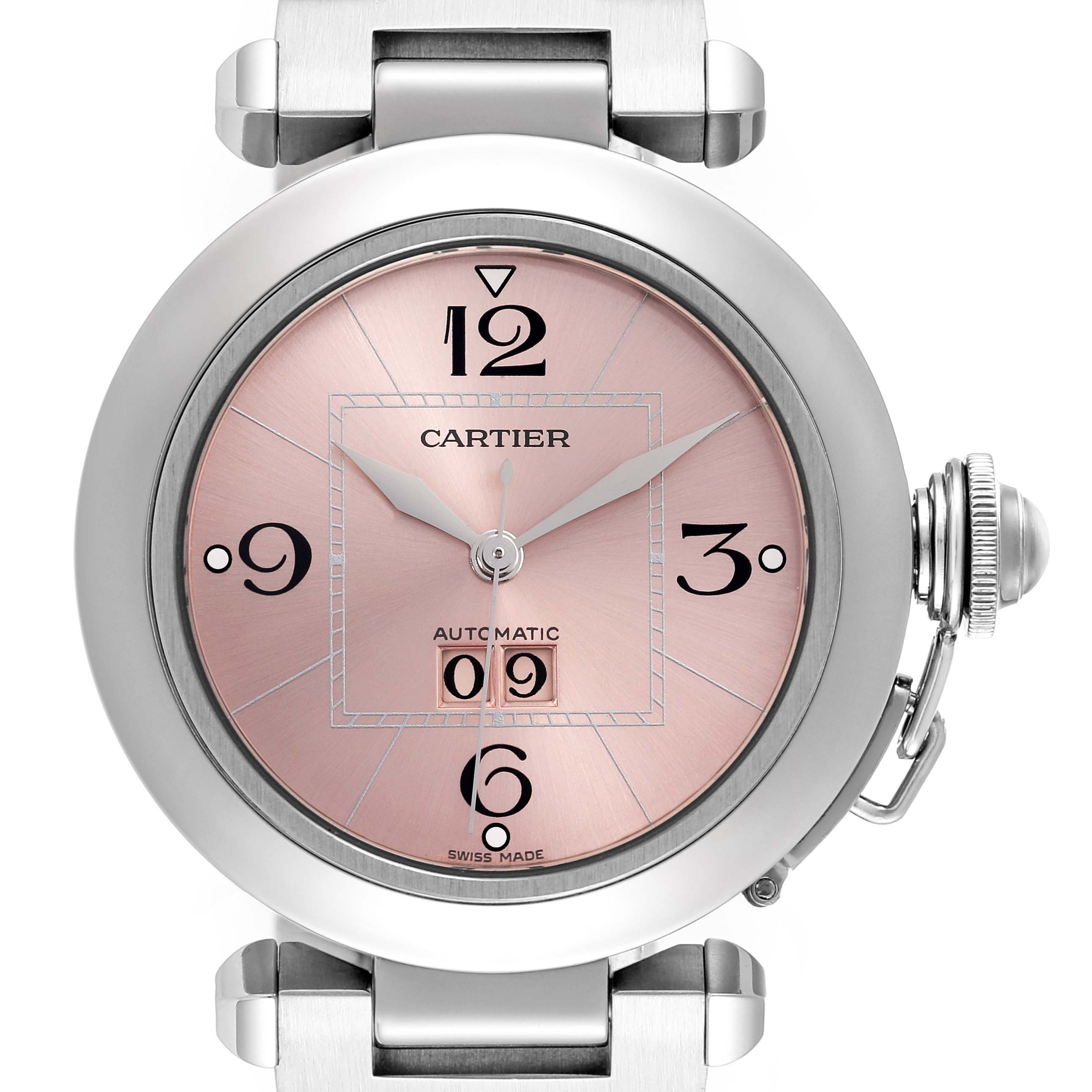 The image shows a straight-on view of a Cartier Pasha W31058M7 Women's Stainless Steel Pink Dial W31058M7 Women's Stainless Steel Pink Dial watch, highlighting the face, hands, and crown.