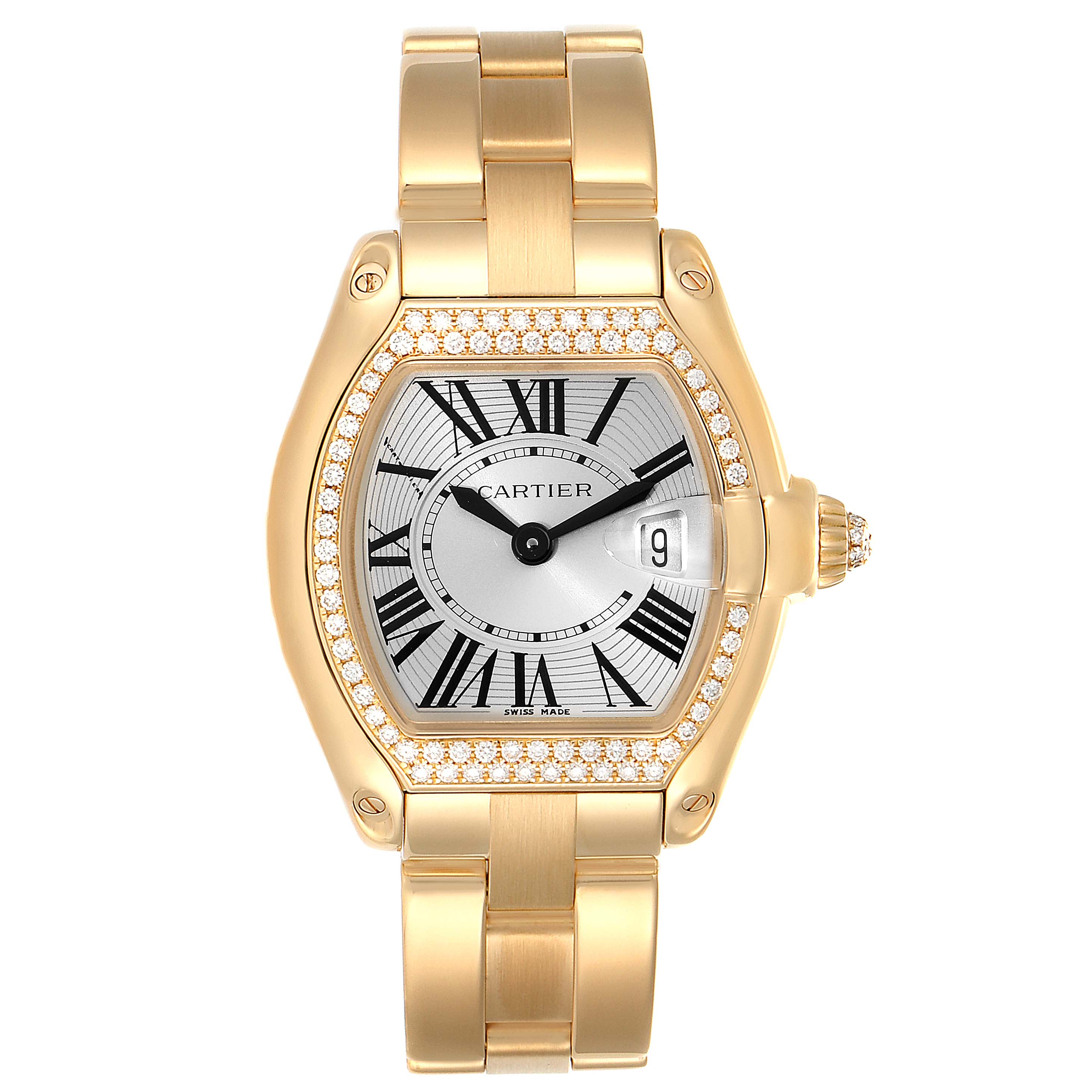 This image shows a front view of the Cartier Roadster WE5001X1 Women's Yellow Gold Silver Dial WE5001X1 Women's Yellow Gold Silver Dial watch, featuring a gold band and a diamond-encrusted bezel.