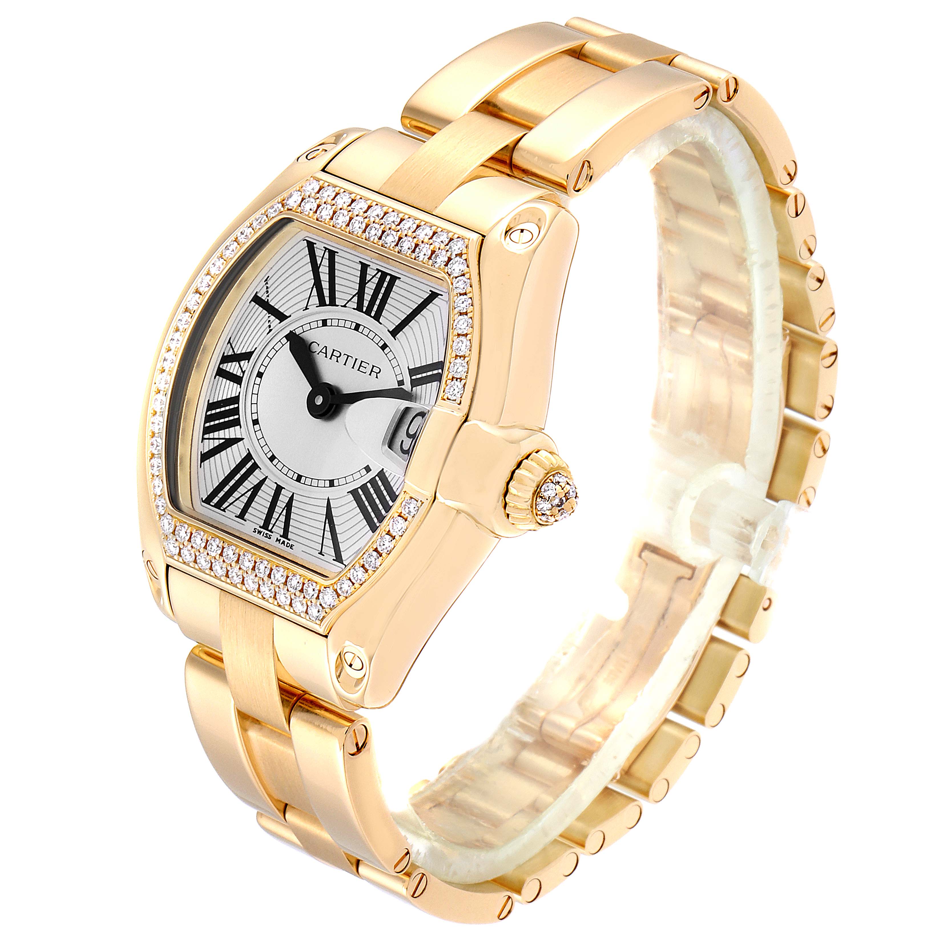 This image shows a Cartier Roadster WE5001X1 Women's Yellow Gold Silver Dial WE5001X1 Women's Yellow Gold Silver Dial watch at a three-quarter angle, showcasing the dial, bezel, and bracelet.