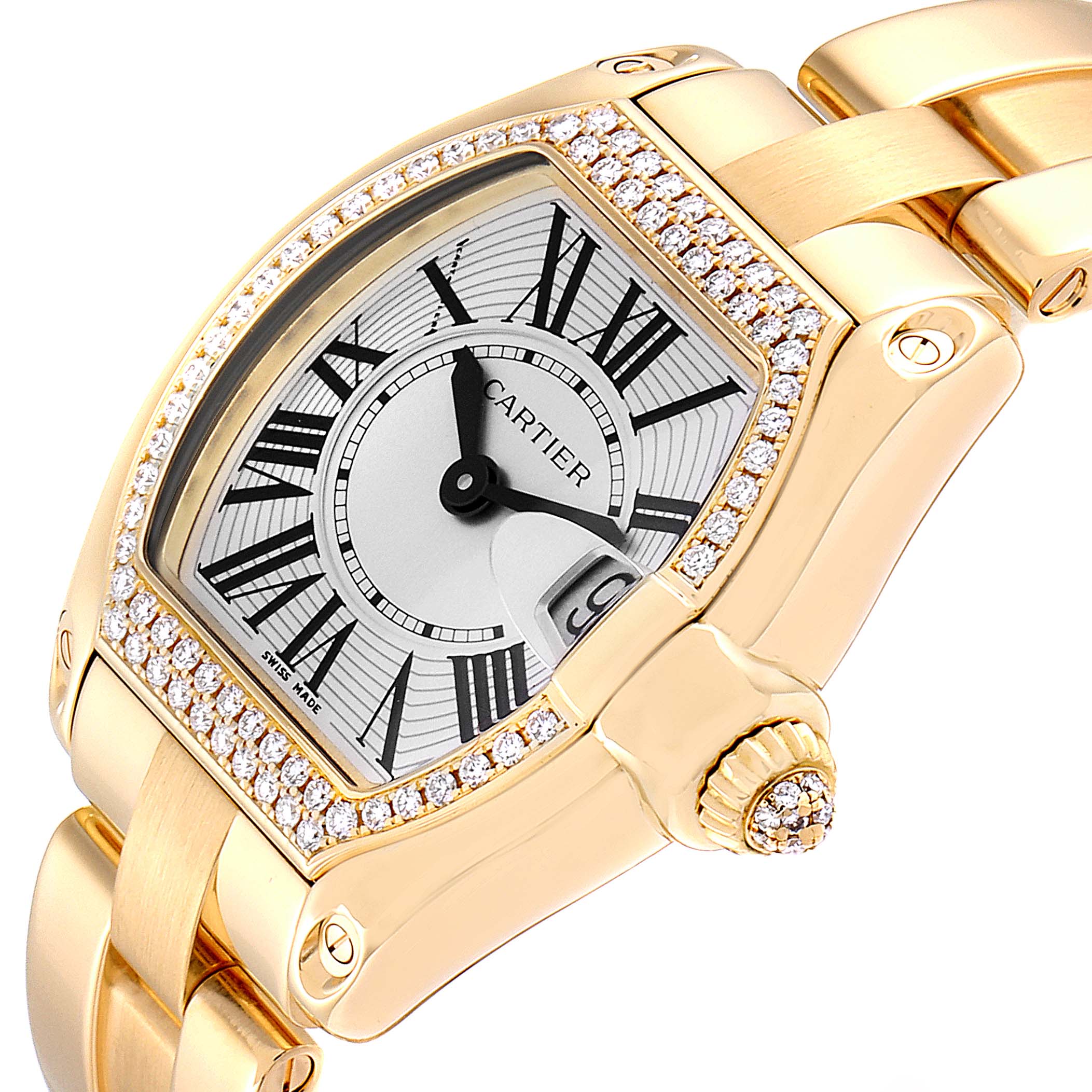 The image shows a close-up angle of the Cartier Roadster WE5001X1 Women's Yellow Gold Silver Dial WE5001X1 Women's Yellow Gold Silver Dial watch highlighting the dial, bezel, and part of the bracelet.