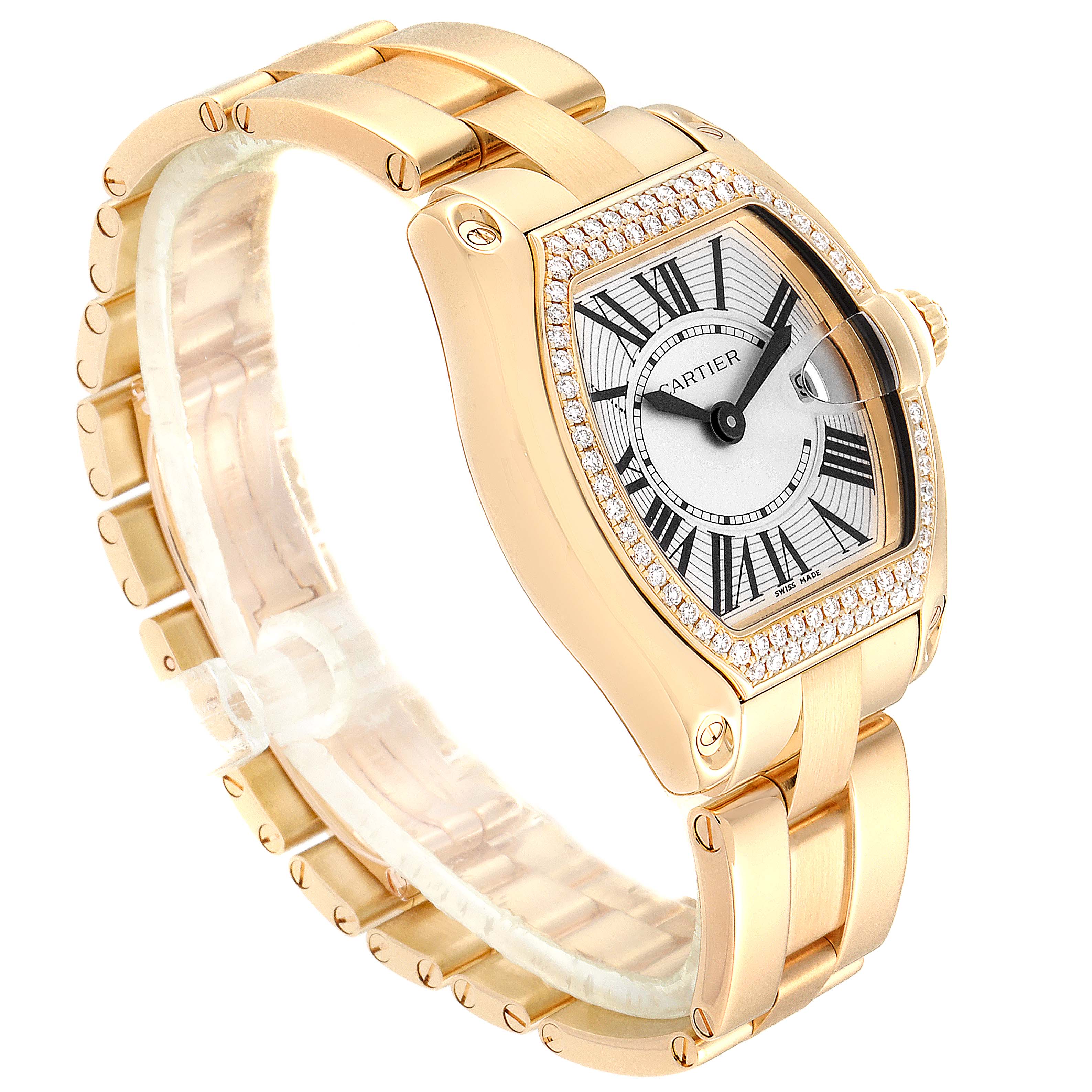 The Cartier Roadster WE5001X1 Women's Yellow Gold Silver Dial WE5001X1 Women's Yellow Gold Silver Dial watch is shown from a left angled view, highlighting its dial, bracelet, and diamond bezel.