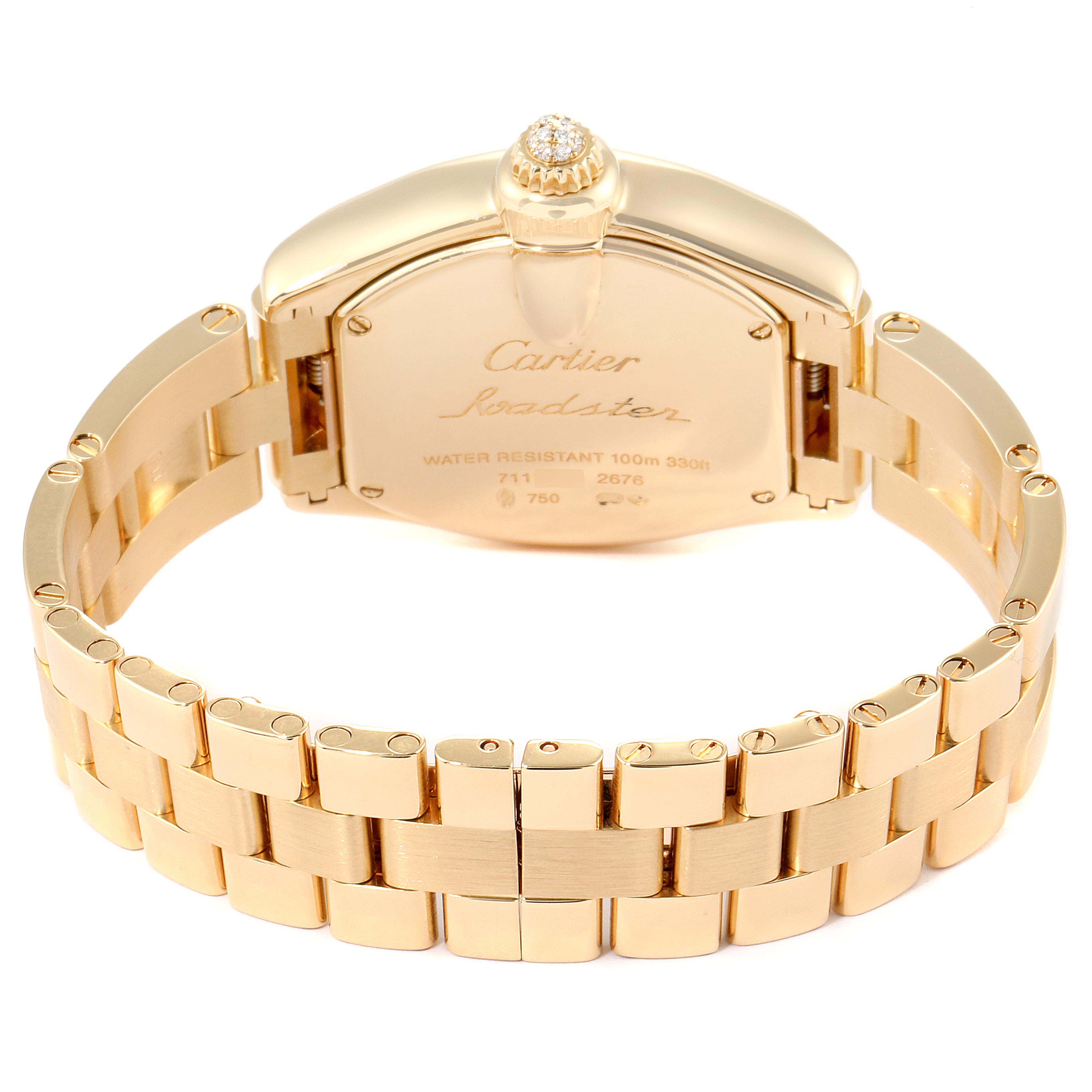 The back of the Cartier Roadster WE5001X1 Women's Yellow Gold Silver Dial WE5001X1 Women's Yellow Gold Silver Dial watch is shown, including the bracelet and caseback.