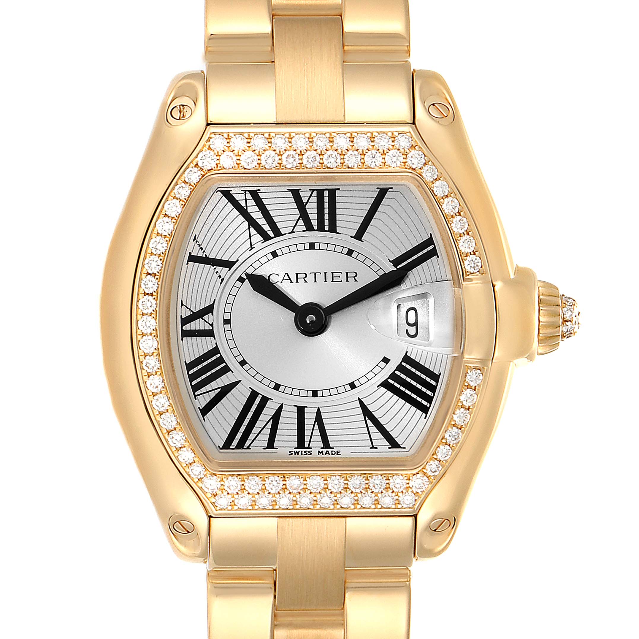 The image shows a Cartier Roadster WE5001X1 Women's Yellow Gold Silver Dial WE5001X1 Women's Yellow Gold Silver Dial watch with a gold case, diamond bezel, Roman numerals, and a date window at 3 o'clock.