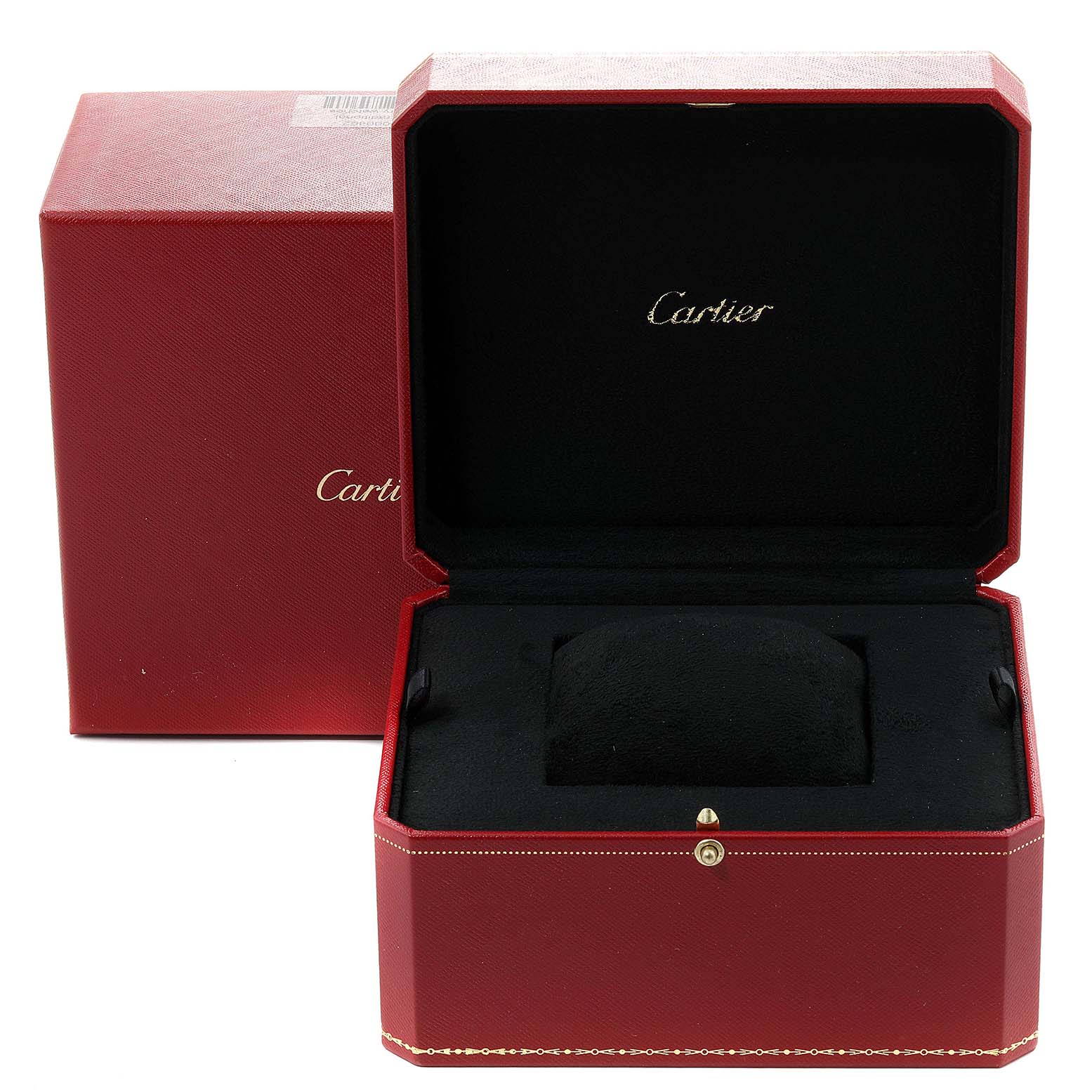 The image shows an open Cartier Roadster WE5001X1 Women's Yellow Gold Silver Dial WE5001X1 Women's Yellow Gold Silver Dial watch box with its inner cushion, viewed from the front.