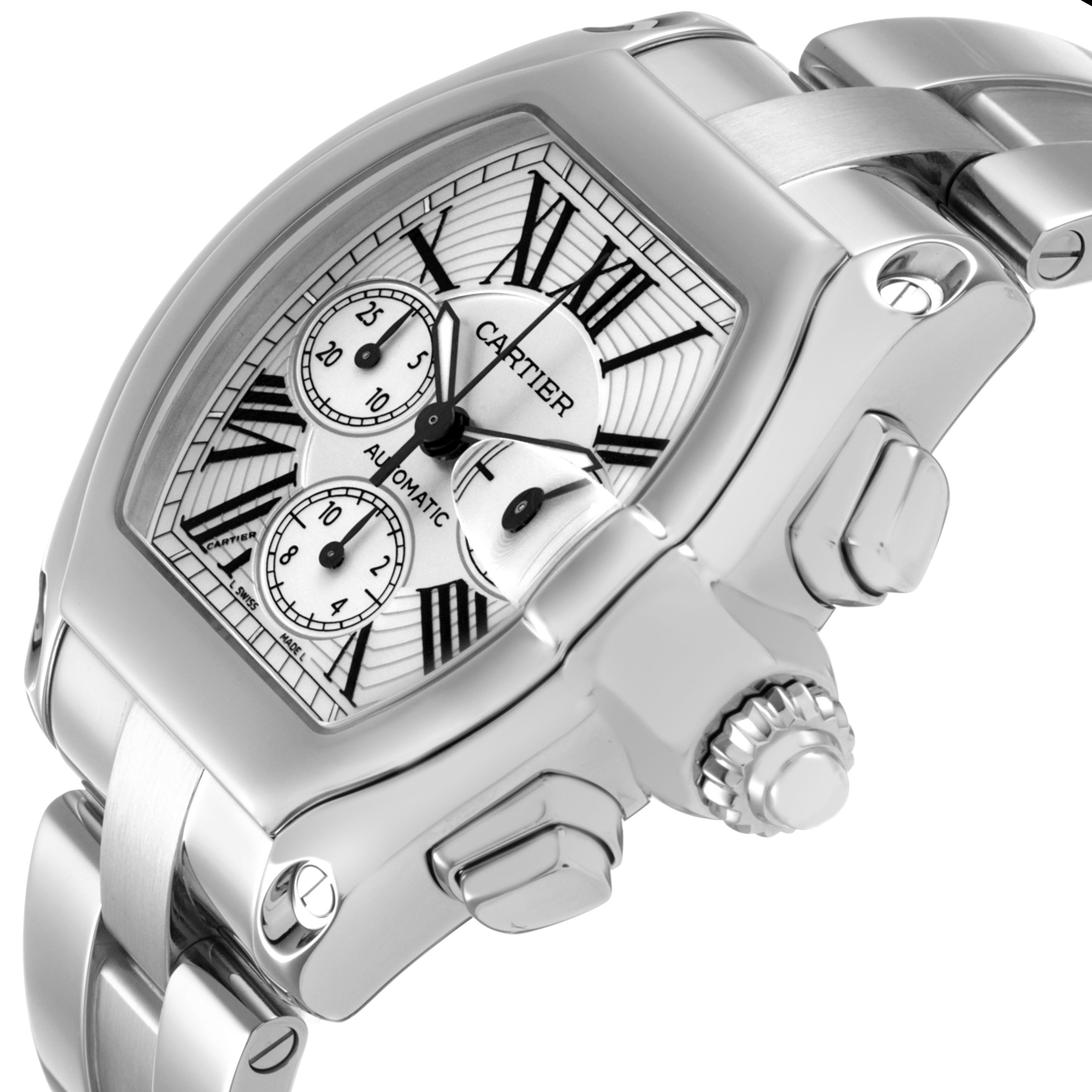 The Cartier Roadster W62019X6 Men's Stainless Steel Silver Dial watch is shown at an angle displaying its face, crown, and part of the bracelet.