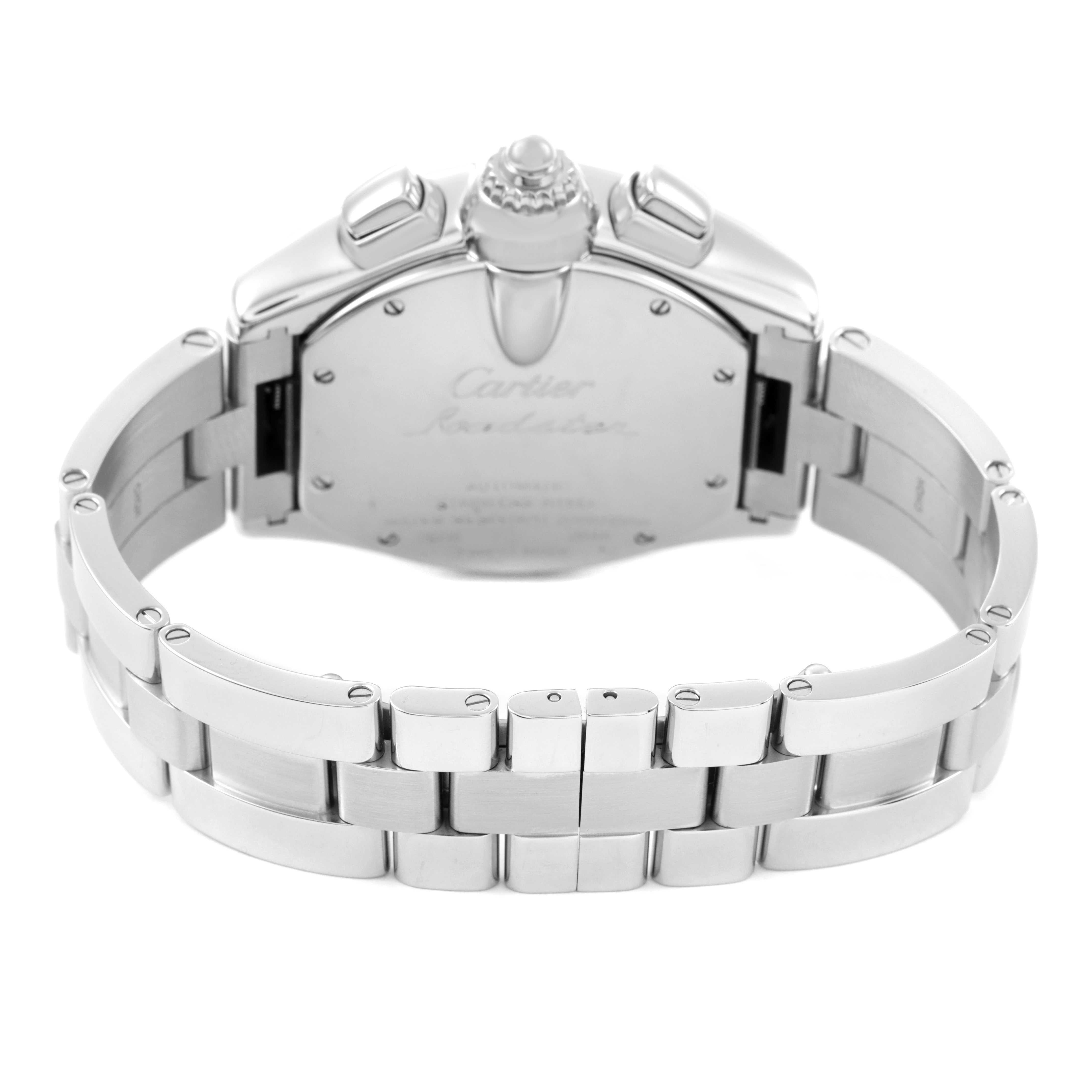 The image shows the back of the Cartier Roadster W62019X6 Men's Stainless Steel Silver Dial watch, highlighting the stainless steel bracelet and case back.