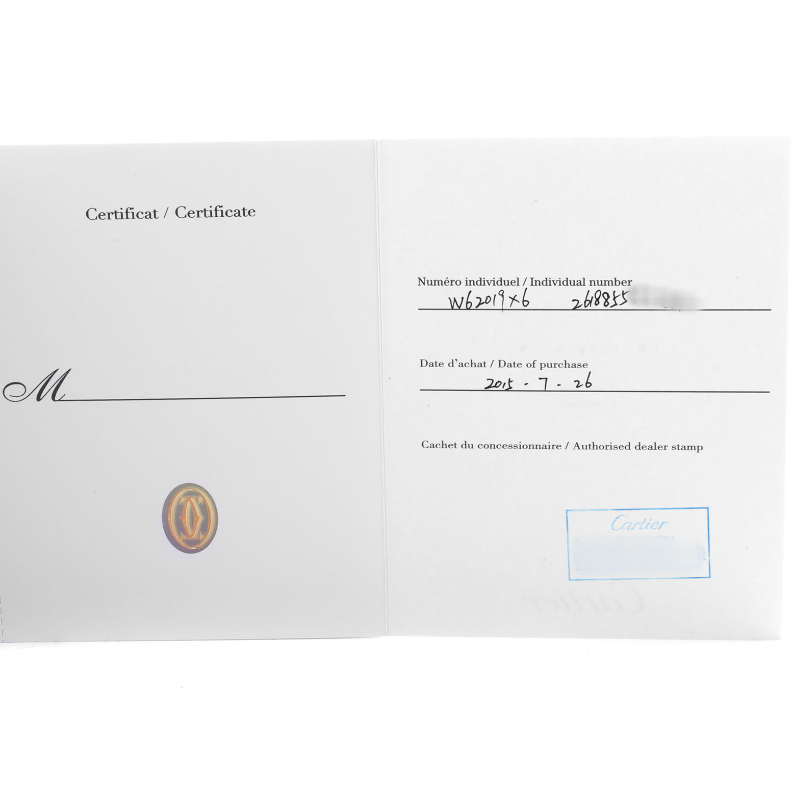 The image shows an open certificate for the Cartier Roadster W62019X6 Men's Stainless Steel Silver Dial watch, featuring ownership and purchase details.