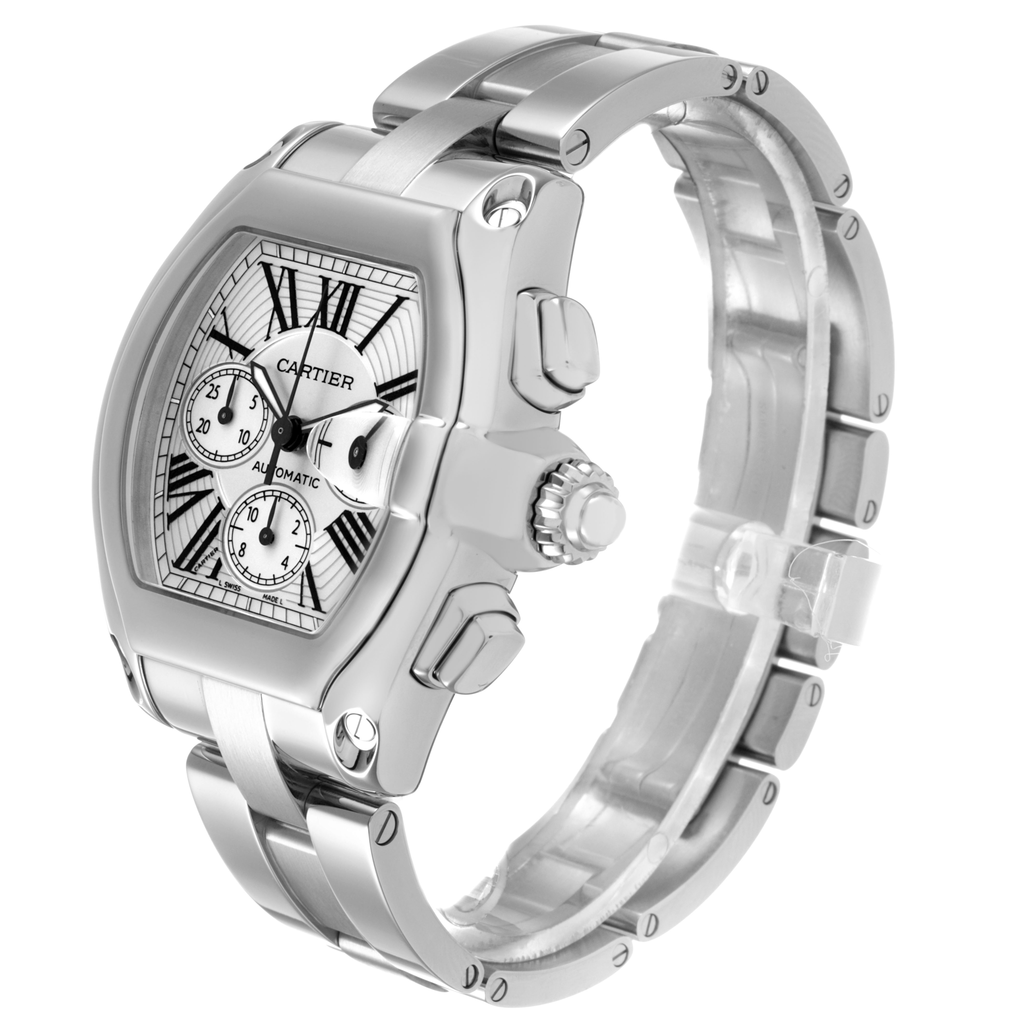 The Cartier Roadster W62019X6 Men's Stainless Steel Silver Dial watch is shown at a three-quarter angle, highlighting its case, dial, crown, and bracelet.