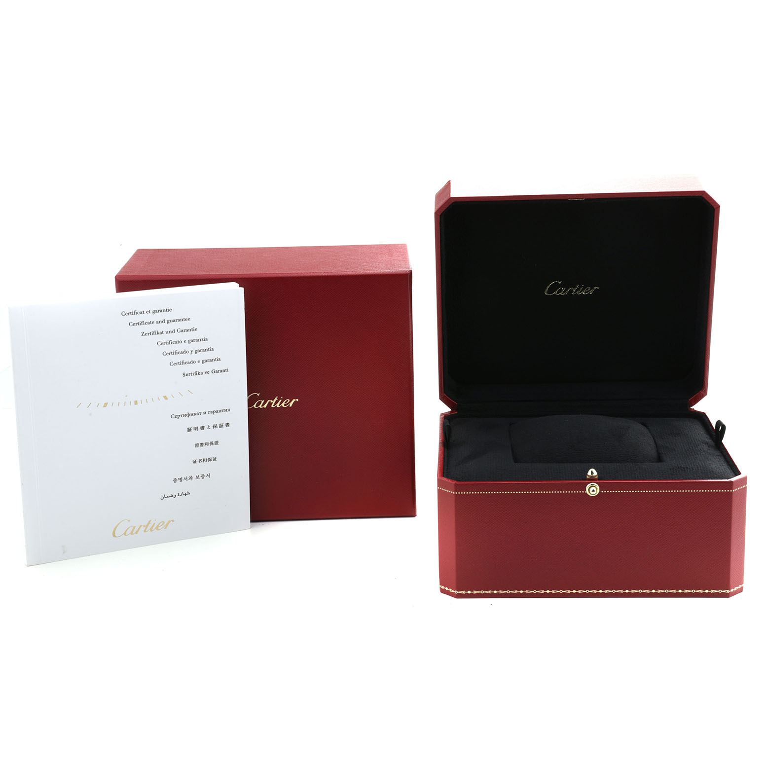 The image shows a Cartier Roadster W62019X6 Men's Stainless Steel Silver Dial watch box, an open case, and a warranty booklet.