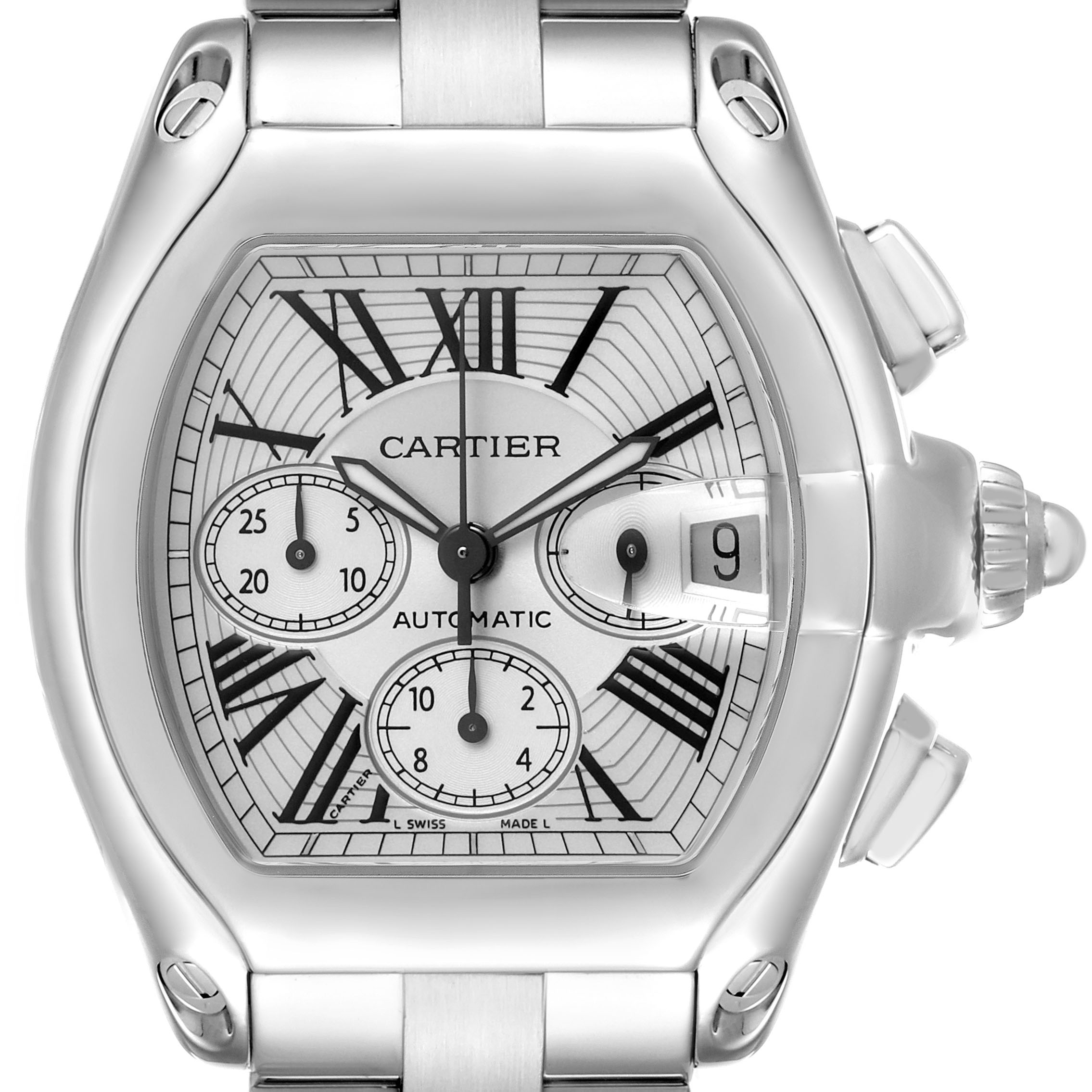 The Cartier Roadster W62019X6 Men's Stainless Steel Silver Dial watch is shown from the front, displaying its dial, Roman numerals, subdials, and crown with a date window.