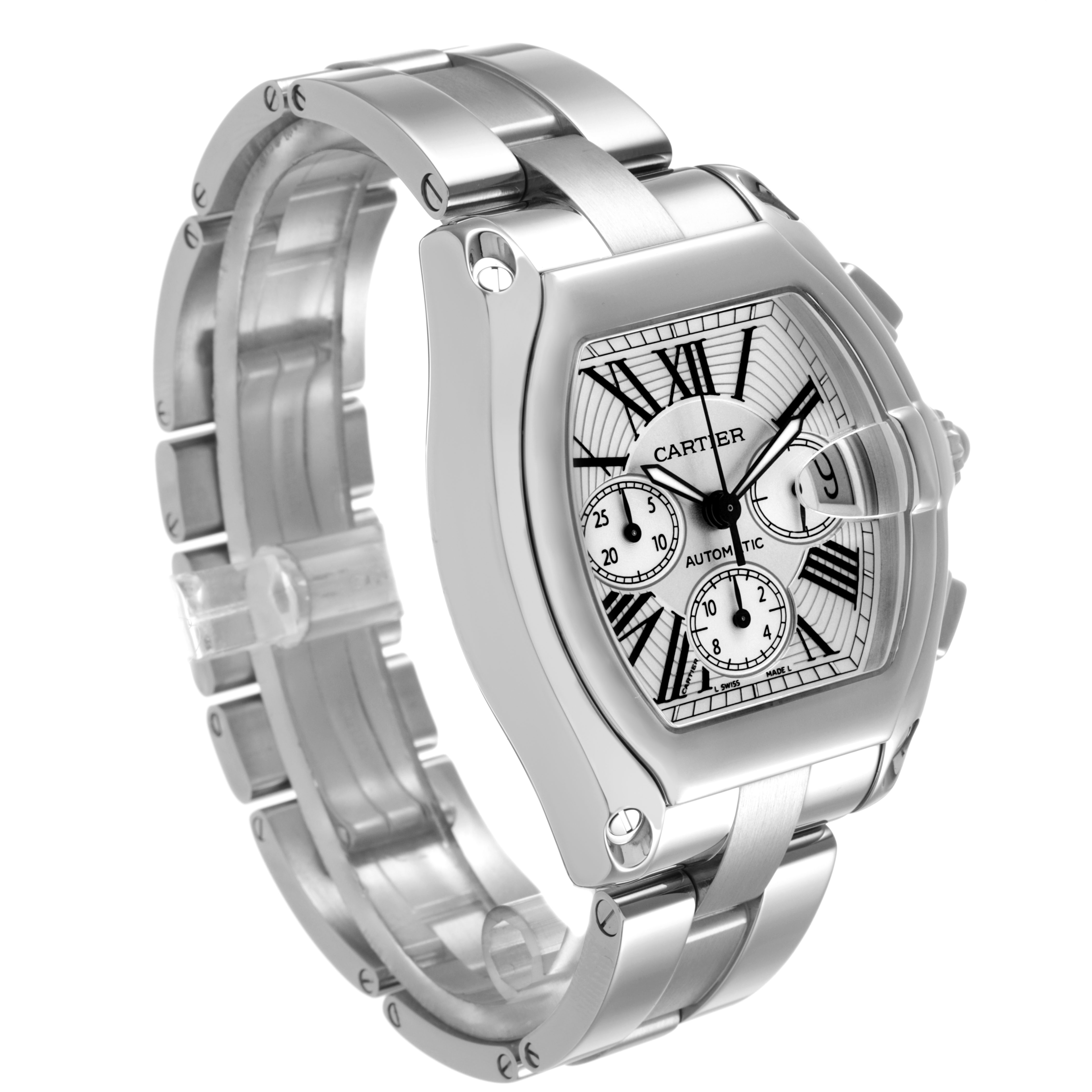 The Cartier Roadster W62019X6 Men's Stainless Steel Silver Dial watch is shown at a three-quarter angle, highlighting its dial, case, and linked bracelet.