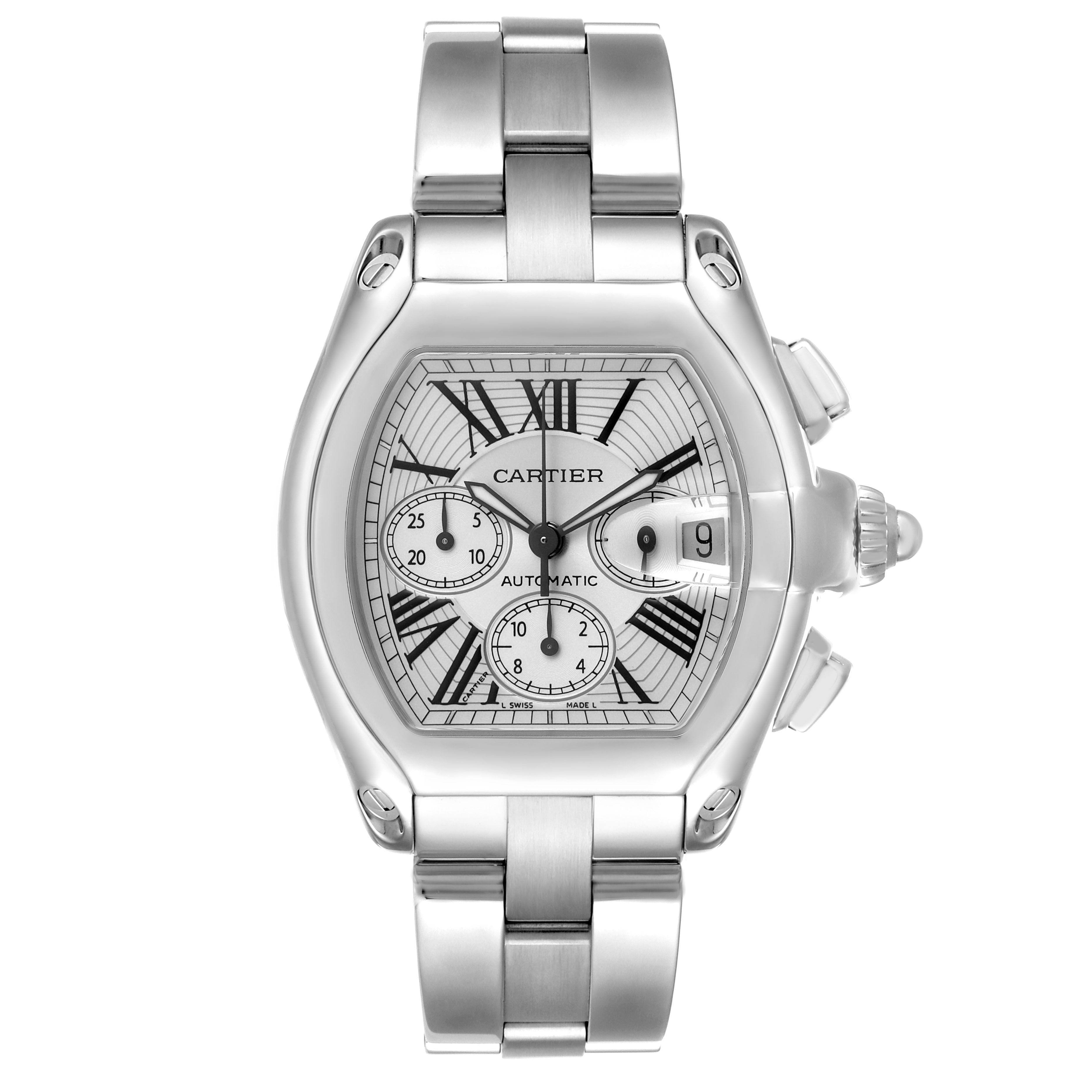 The Cartier Roadster W62019X6 Men's Stainless Steel Silver Dial watch is shown from a top-down angle, displaying its face, case, and bracelet.