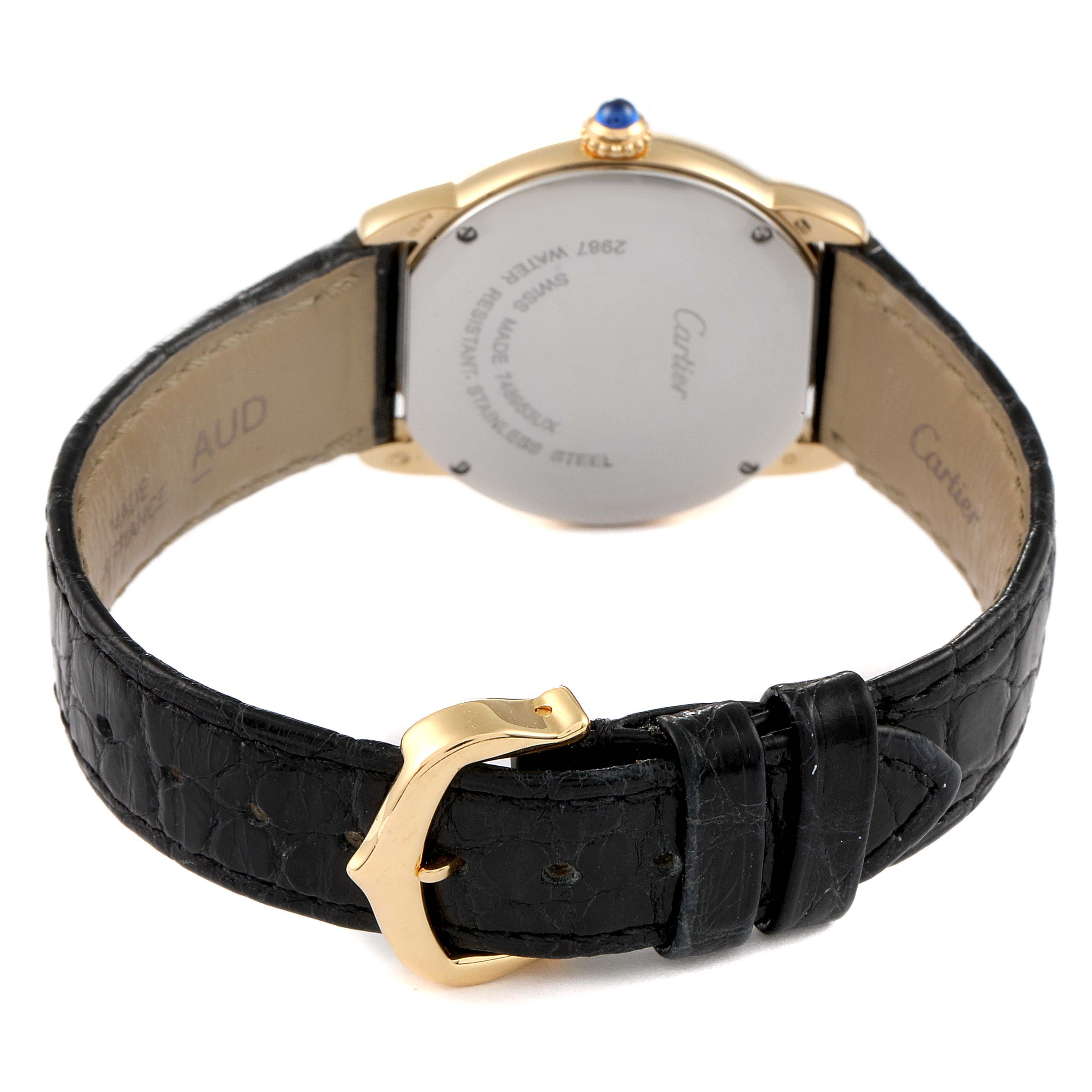 This image shows the back and strap of a Cartier Ronde W6700355 Women's Yellow Gold Silver Dial W6700355 Women's Yellow Gold Silver Dial model watch, with a focus on the clasp and case back.