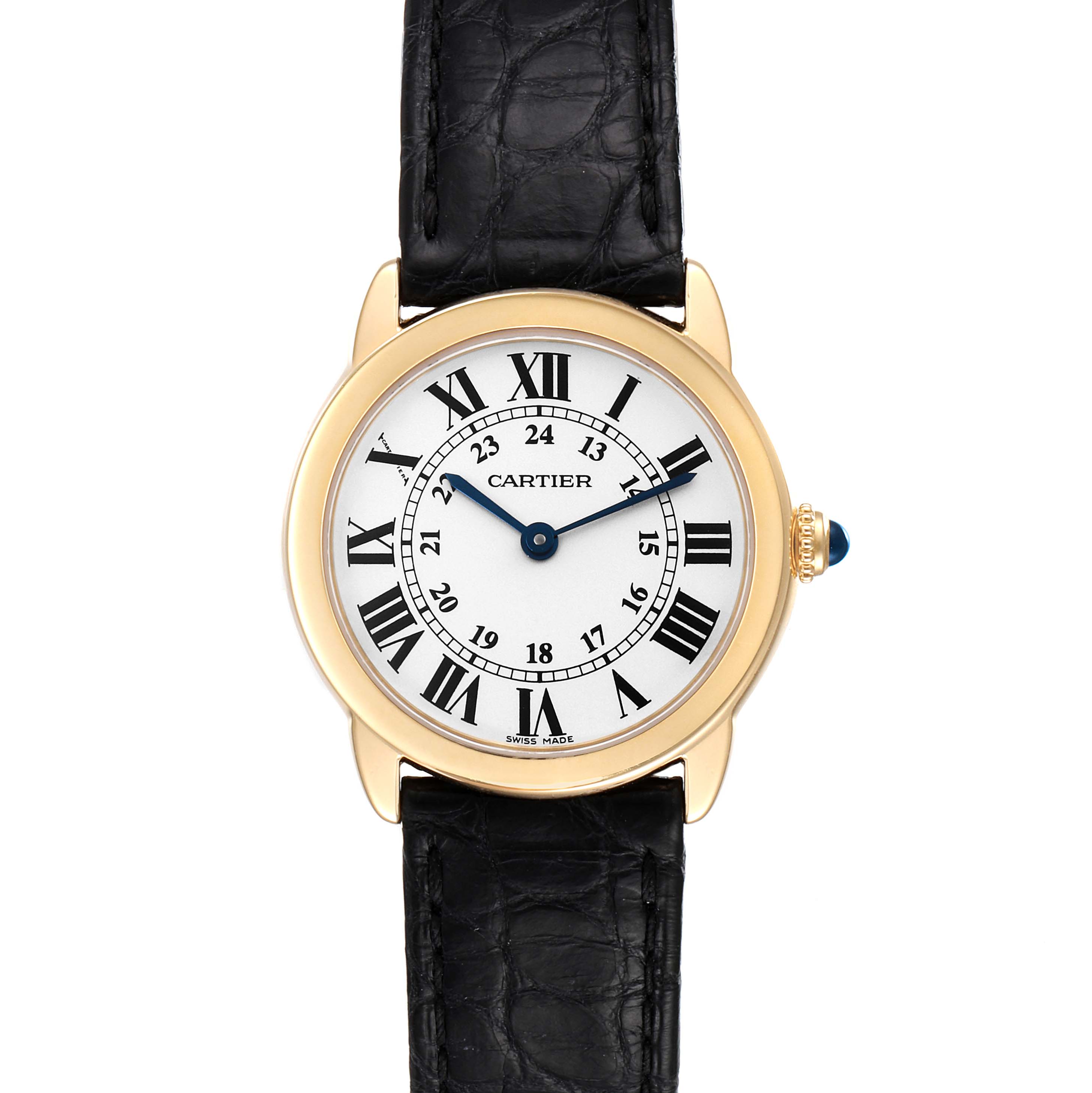 The image shows a frontal view of a Cartier Ronde W6700355 Women's Yellow Gold Silver Dial W6700355 Women's Yellow Gold Silver Dial model watch with a gold case, black leather strap, and Roman numeral dial.