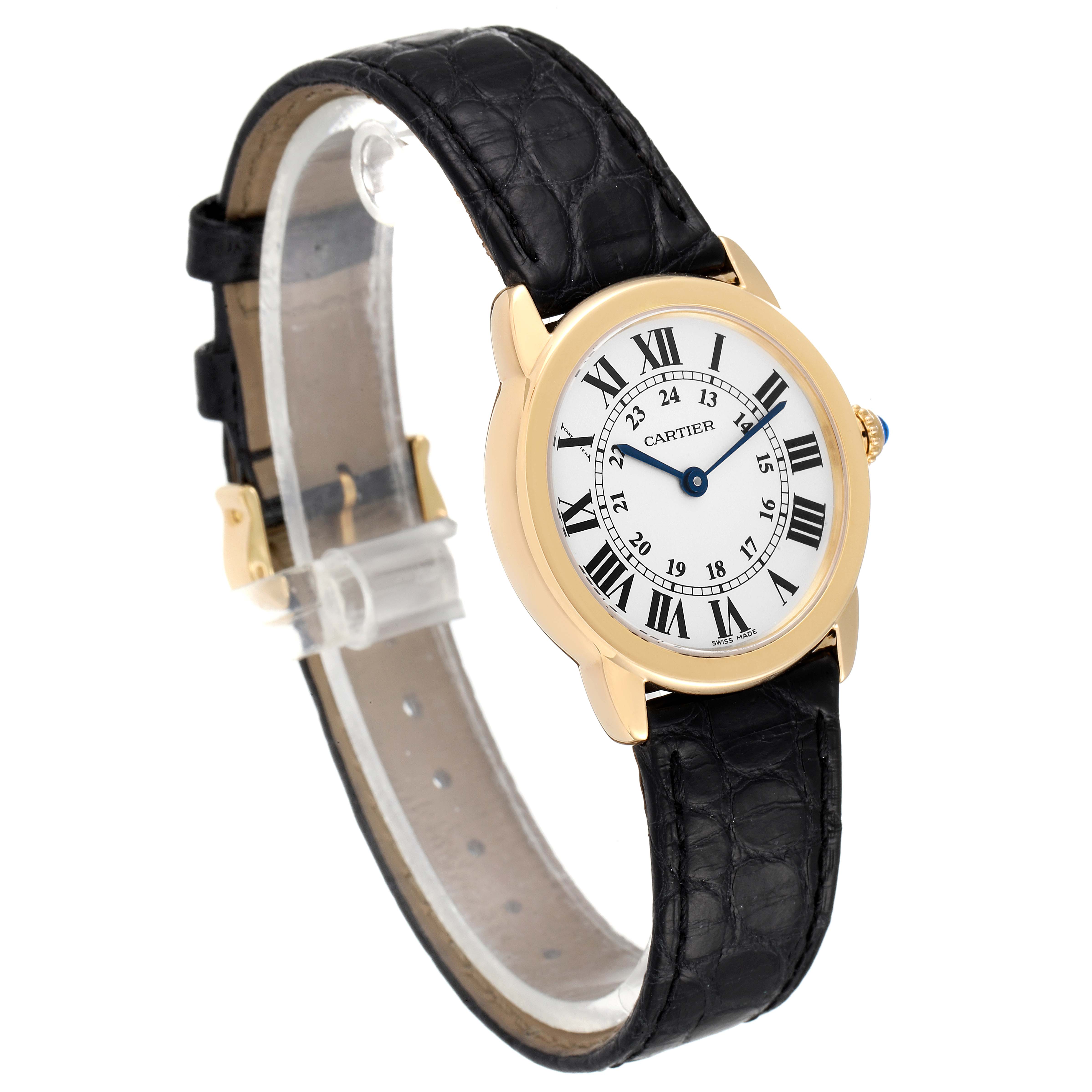 The image shows a side-front angle of the Cartier Ronde W6700355 Women's Yellow Gold Silver Dial W6700355 Women's Yellow Gold Silver Dial watch, highlighting its black leather strap and gold case.