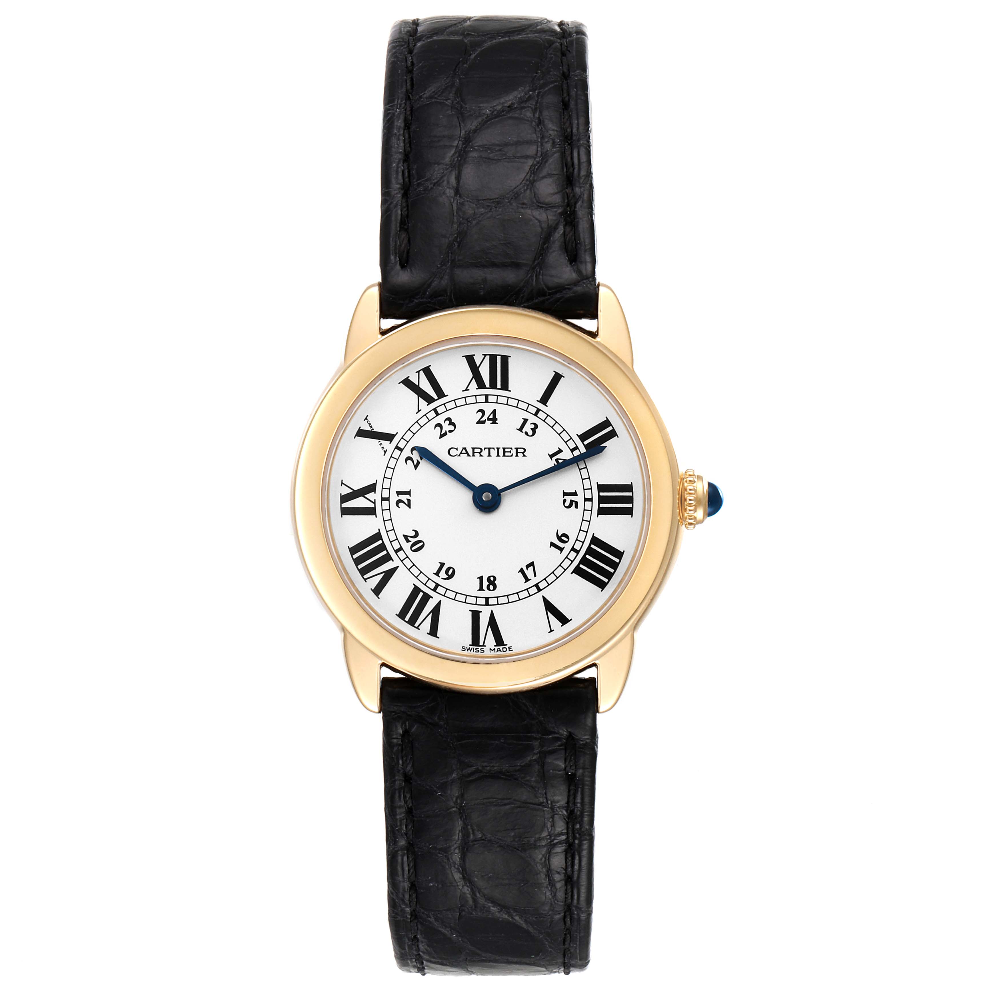 The image shows a front view of the Cartier Ronde W6700355 Women's Yellow Gold Silver Dial W6700355 Women's Yellow Gold Silver Dial model watch, highlighting its black leather strap, gold case, and Roman numeral dial.