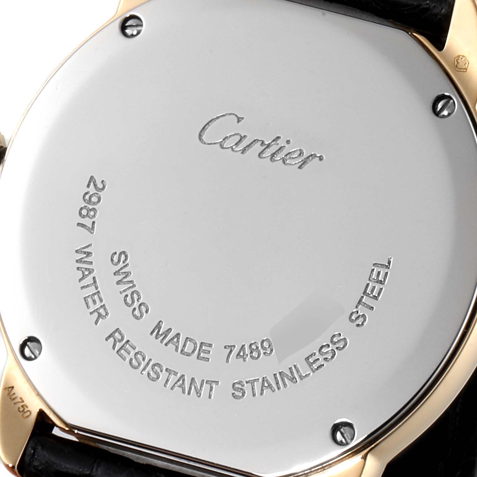 This is the back view of the Ronde model watch by Cartier, showcasing the case back and engraved details.
