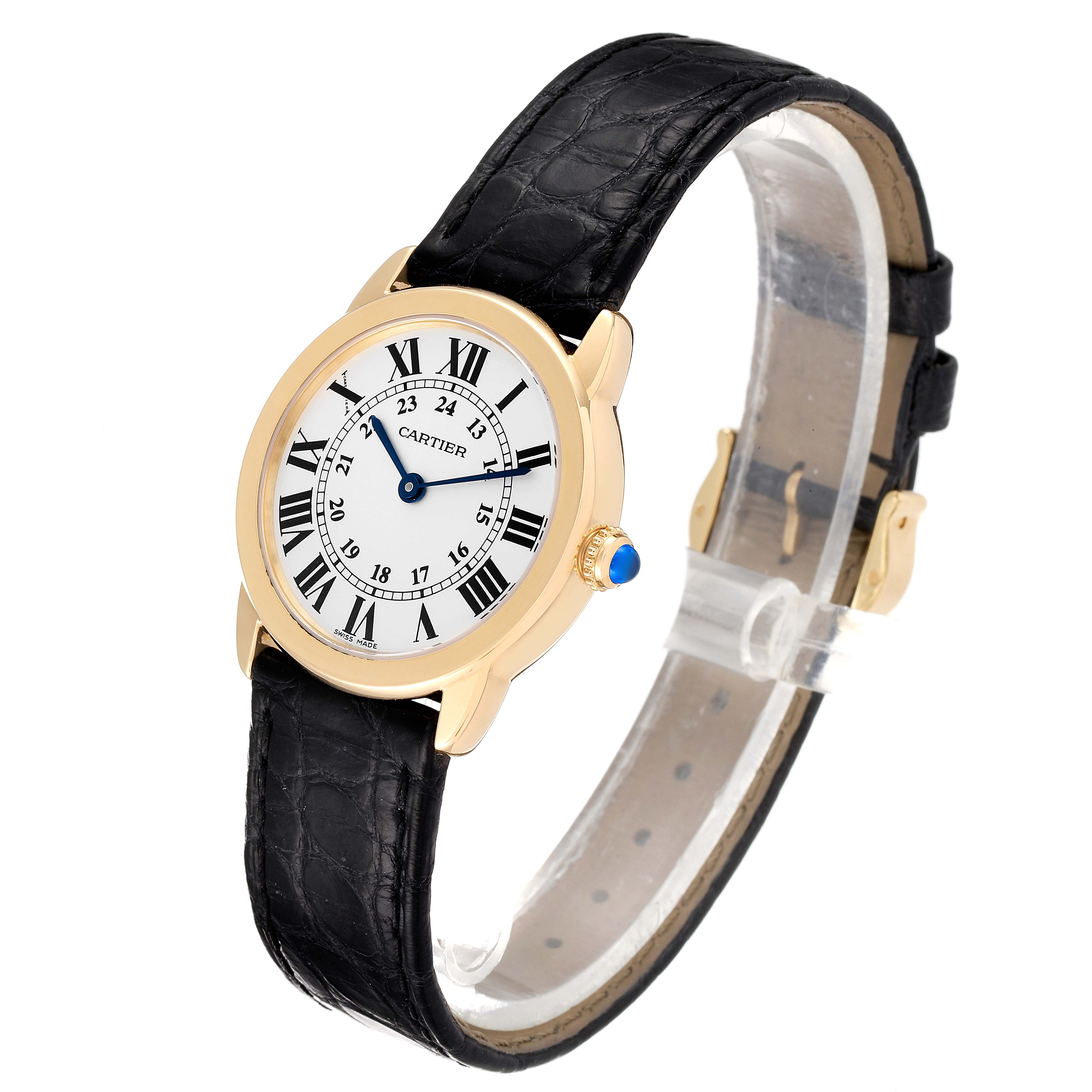 The Cartier Ronde W6700355 Women's Yellow Gold Silver Dial W6700355 Women's Yellow Gold Silver Dial model watch is shown at an angle displaying the dial, case, crown, and black leather strap.