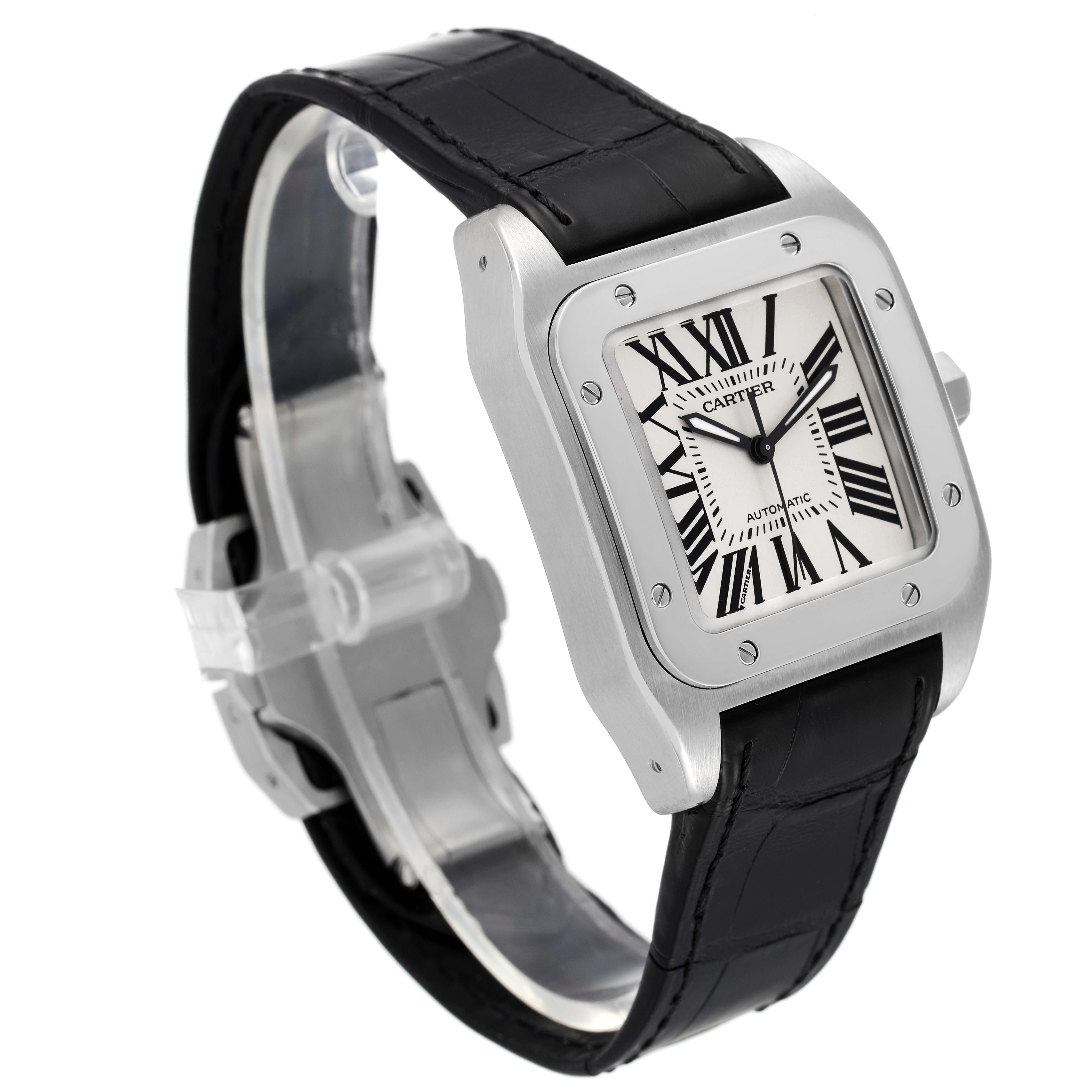 The image shows a Cartier Santos Men
s Stainless Steel Silver Dial Men
s Stainless Steel Silver Dial watch angled to display the face, bezel, and black leather strap.