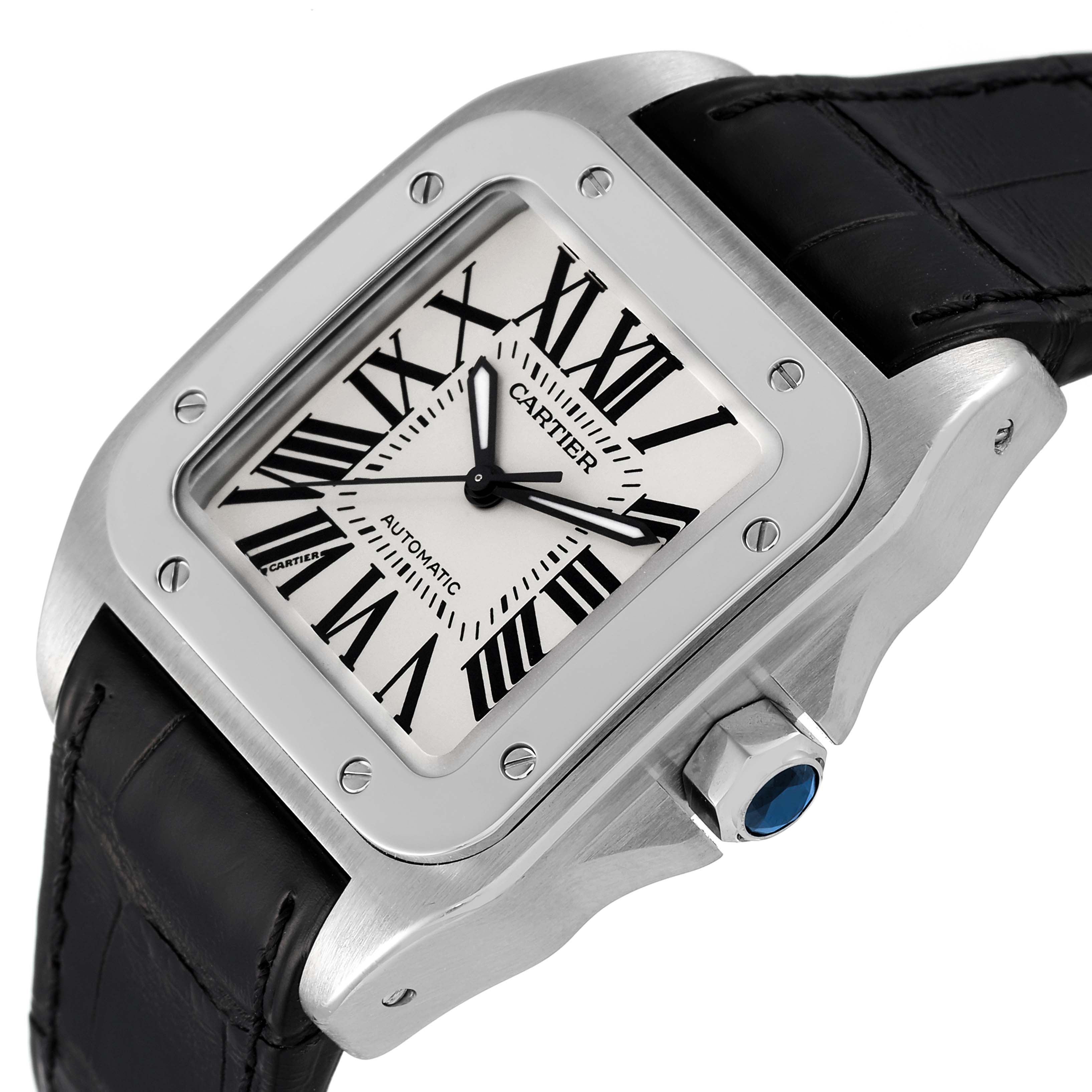 The image shows a Cartier Santos Men
s Stainless Steel Silver Dial Men
s Stainless Steel Silver Dial watch from an angled side view, displaying the face, bezel, and part of the strap.