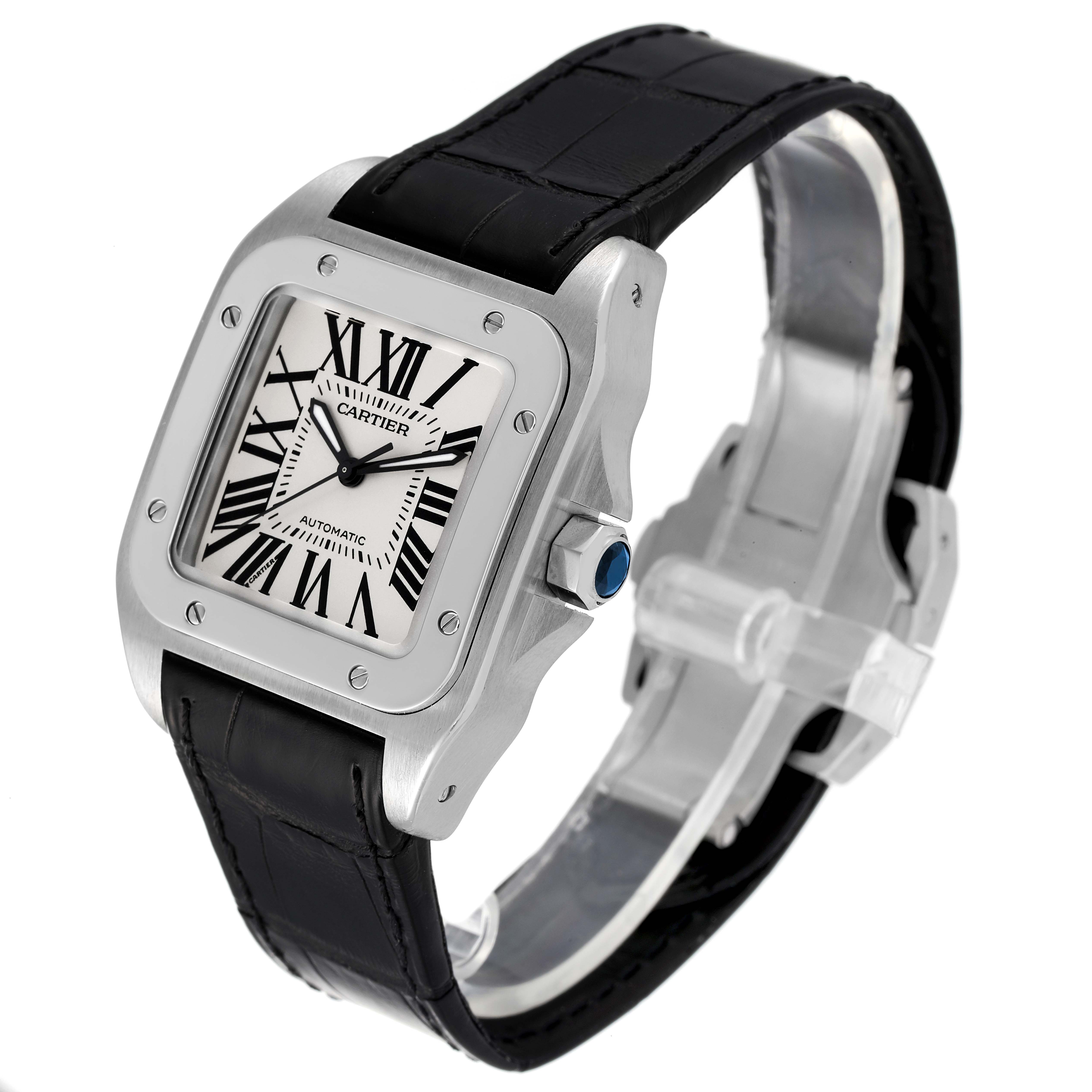The image shows a front-side view of the Cartier Santos Men
s Stainless Steel Silver Dial Men
s Stainless Steel Silver Dial watch, highlighting the face, bezel, and leather strap.