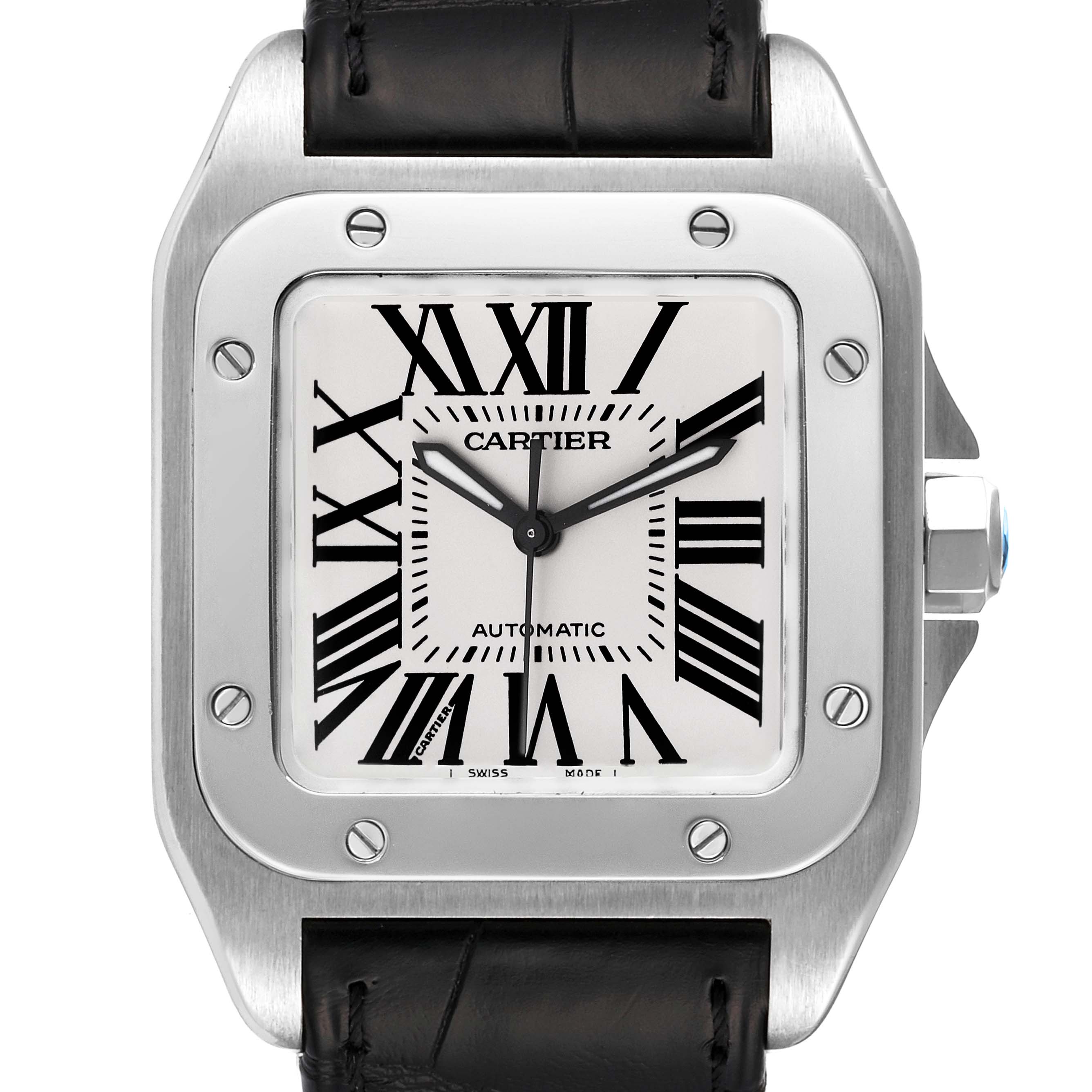 The image shows a front view of the Santos by Cartier watch, highlighting the face, bezel, and portion of the black strap.