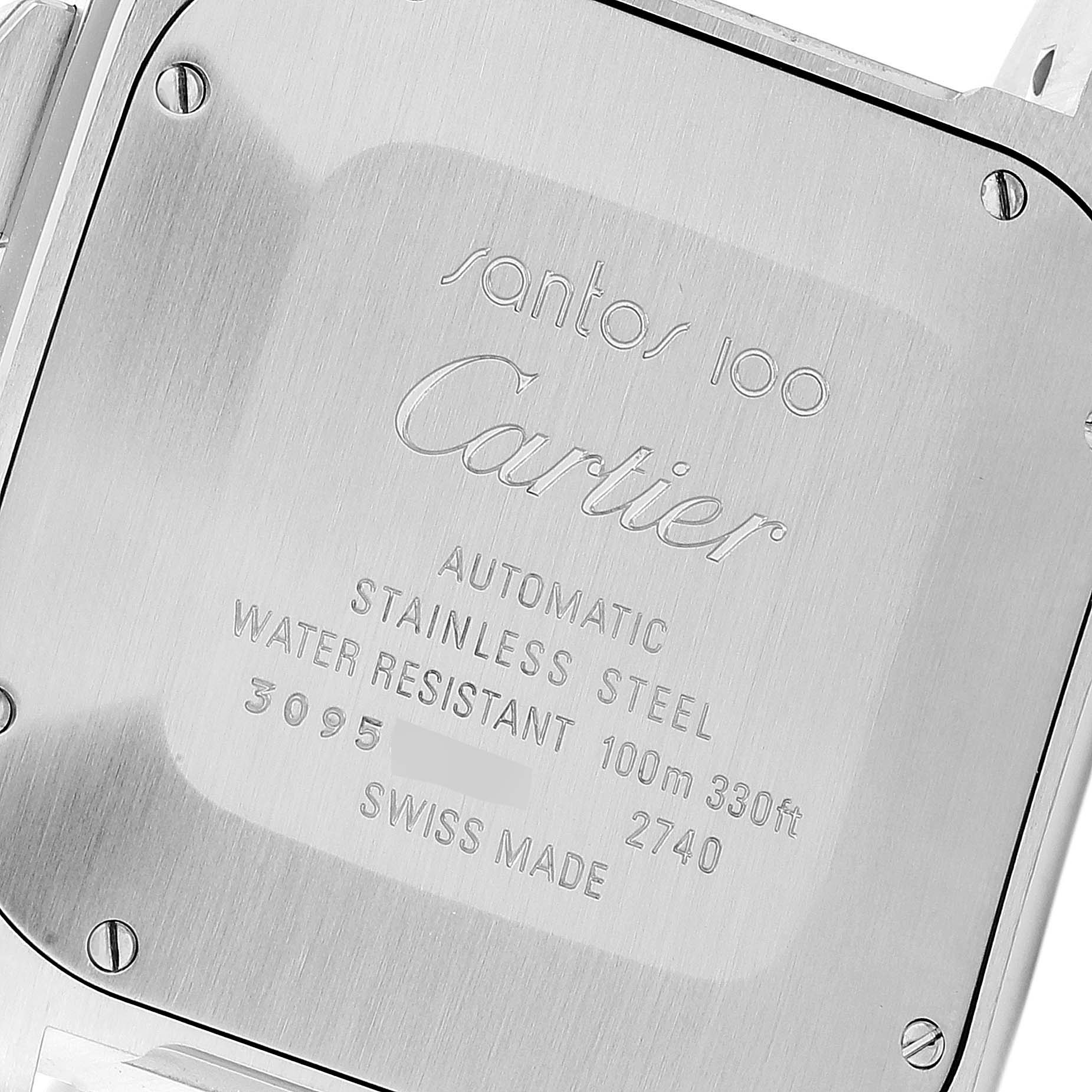 The image shows the back case of a Cartier Santos W20090X8 Men's Stainless Steel Silver Dial W20090X8 Men's Stainless Steel Silver Dial 100 watch, displaying model details and specifications.