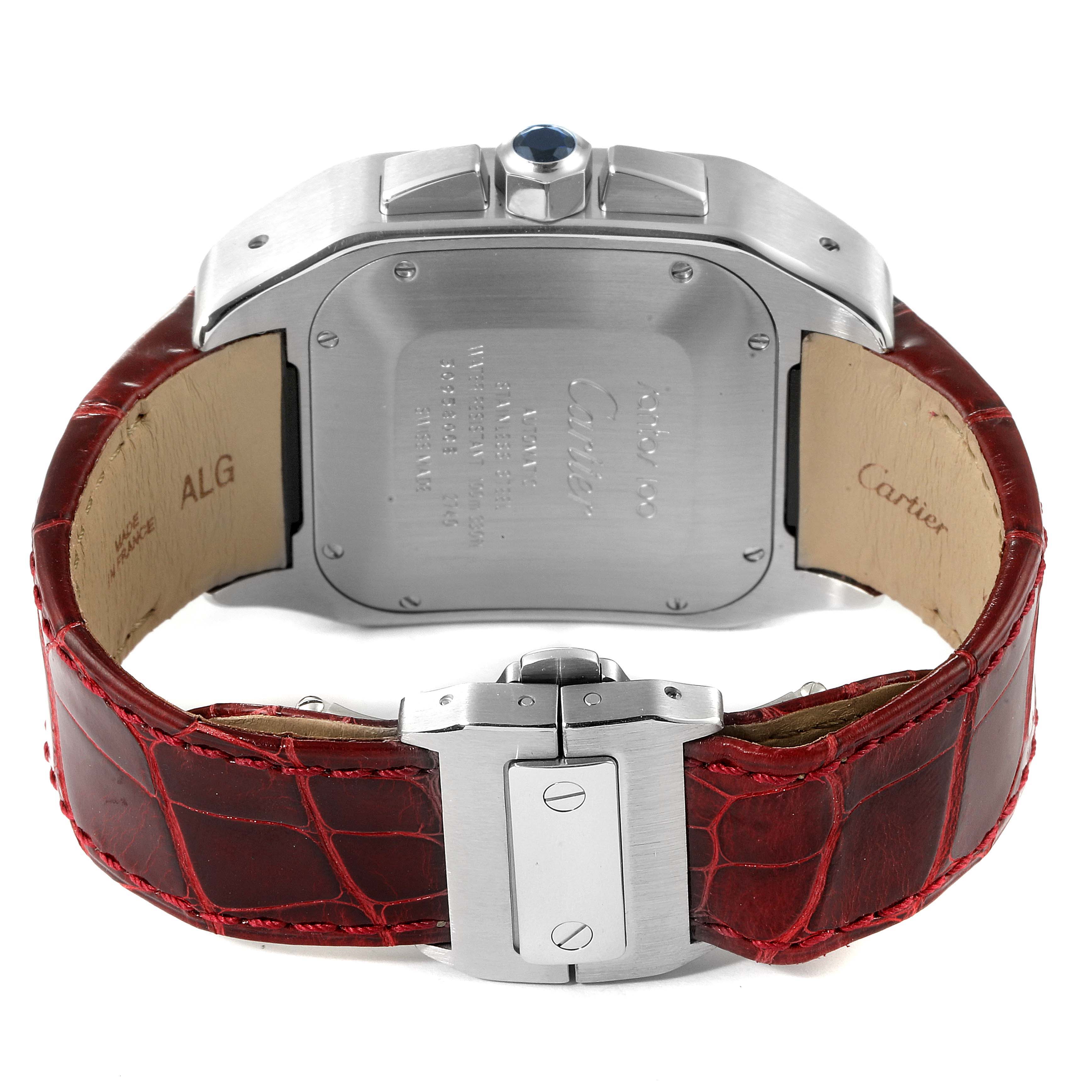 This image shows the back and clasp of the Cartier Santos W20090X8 Men's Stainless Steel Silver Dial W20090X8 Men's Stainless Steel Silver Dial watch, featuring a red leather strap.