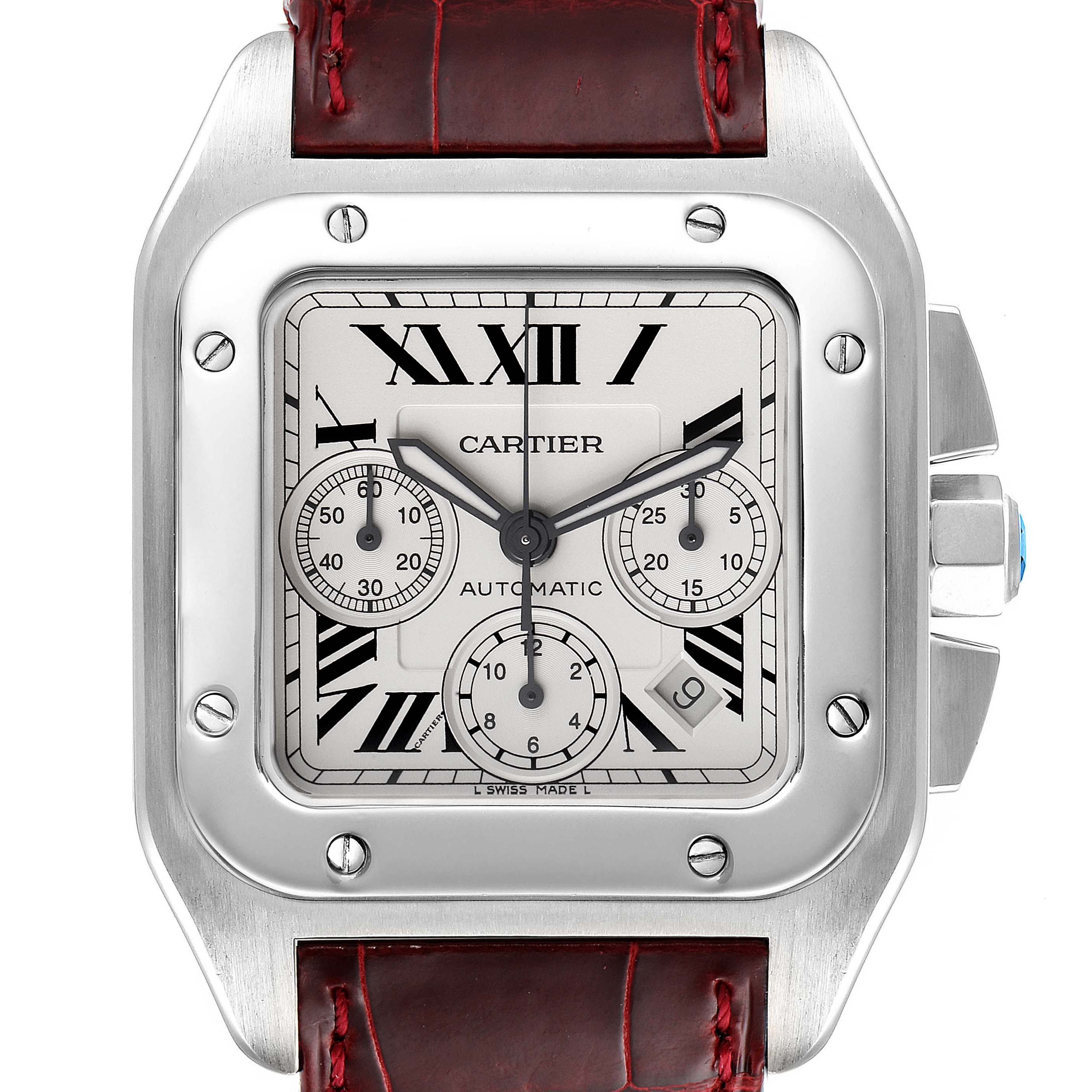 This image shows a front view of a Cartier Santos W20090X8 Men's Stainless Steel Silver Dial W20090X8 Men's Stainless Steel Silver Dial watch, highlighting its dial, chronograph subdials, and bezel.