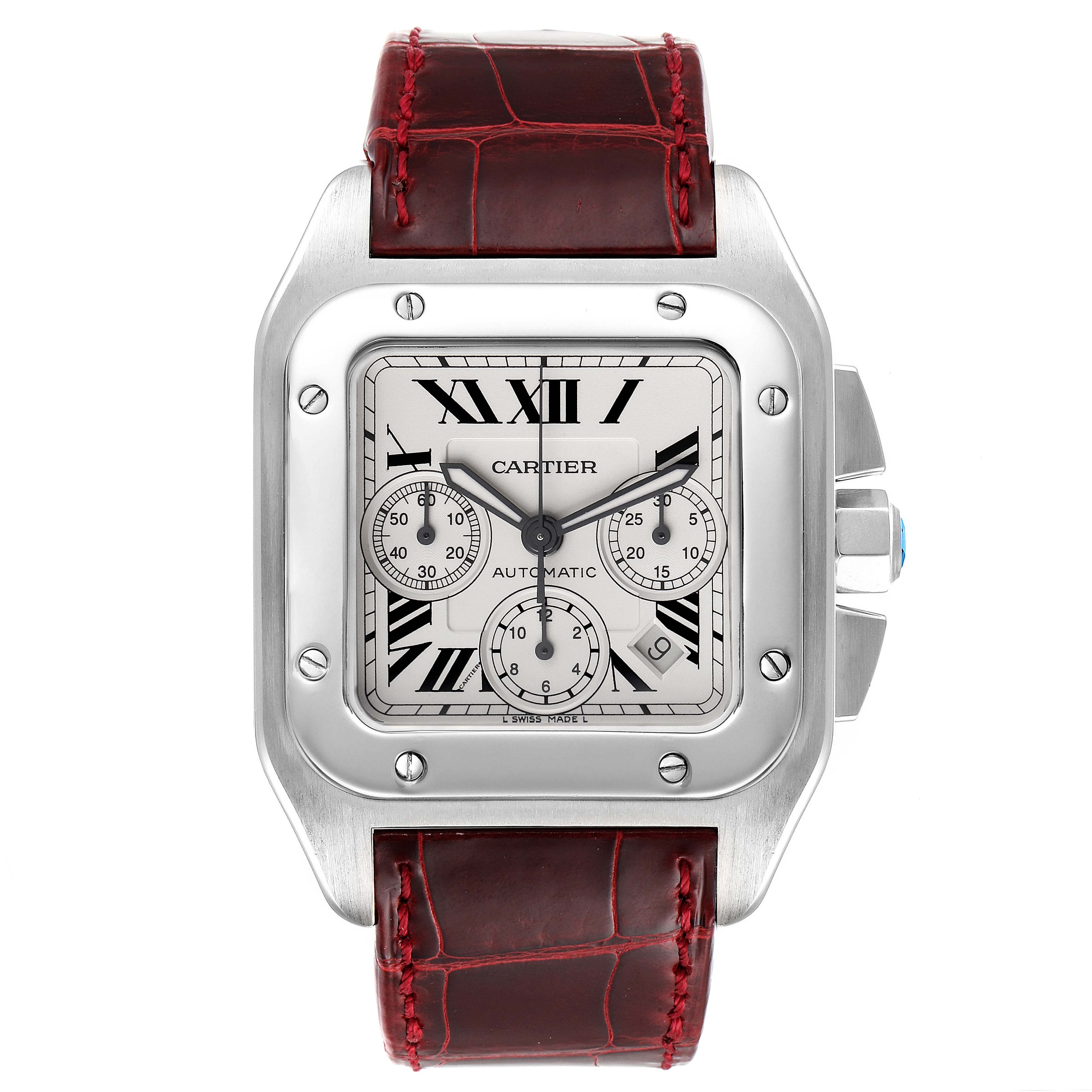 The image shows a front view of the Cartier Santos W20090X8 Men's Stainless Steel Silver Dial W20090X8 Men's Stainless Steel Silver Dial watch, highlighting its square face, Roman numerals, and red leather strap.