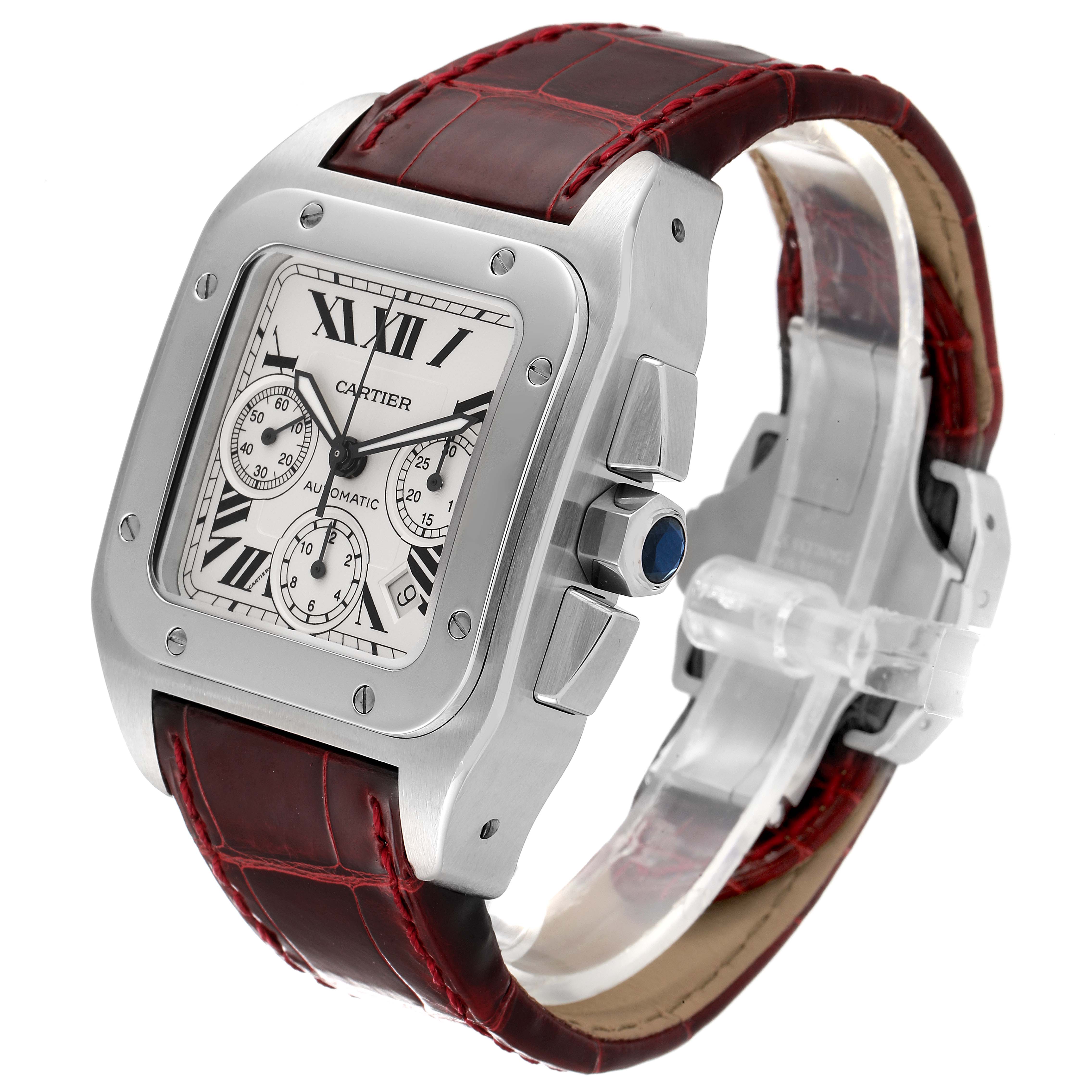 This image shows a side angle of the Cartier Santos W20090X8 Men's Stainless Steel Silver Dial W20090X8 Men's Stainless Steel Silver Dial watch, highlighting its dial, case, crown, and leather strap.