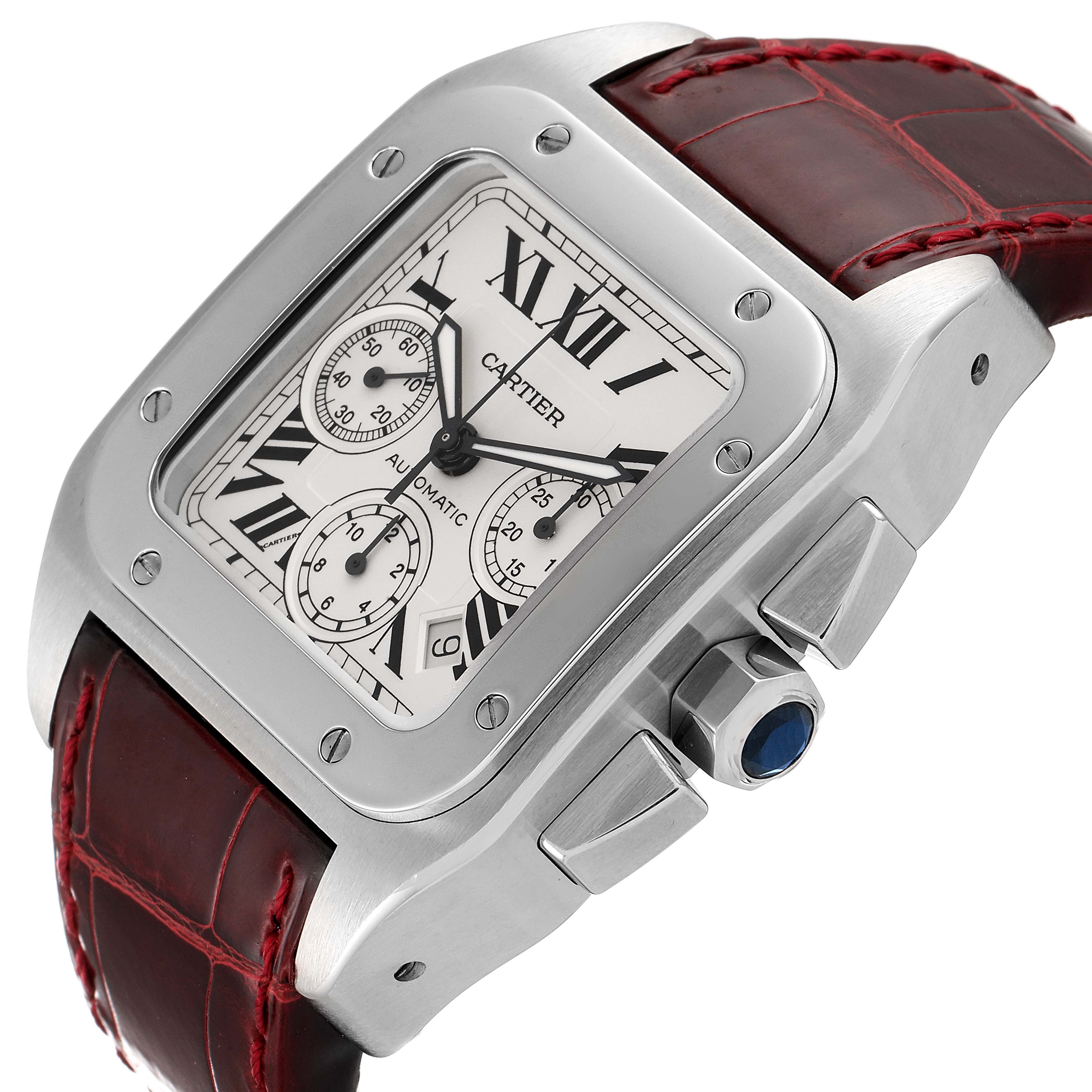 The image shows a close-up angle of the Cartier Santos W20090X8 Men's Stainless Steel Silver Dial W20090X8 Men's Stainless Steel Silver Dial watch, revealing its rectangular face, chronographs, and part of its brown leather strap.