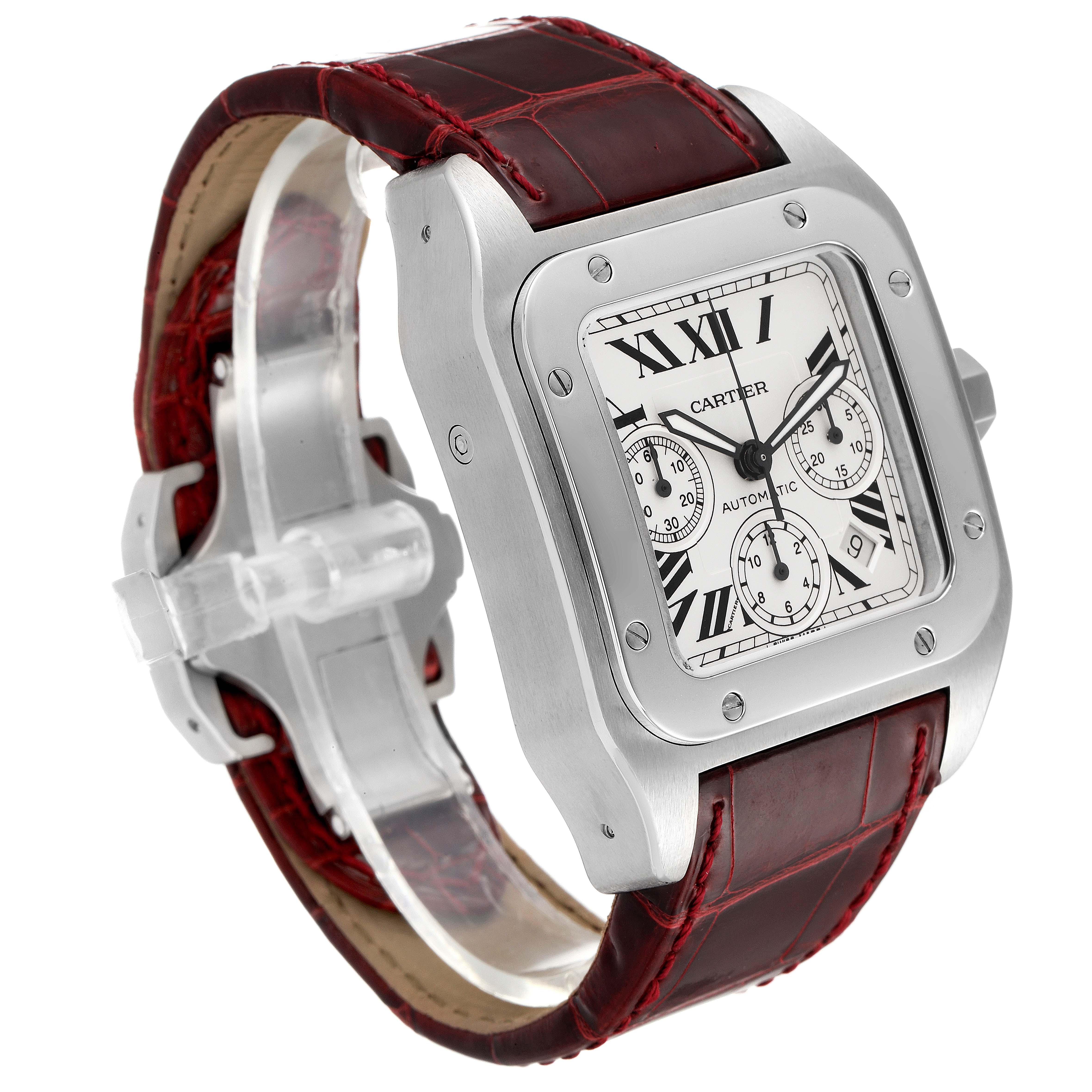 The image shows a Santos model by Cartier with a square face, roman numerals, and a brown leather strap, angled slightly from above.