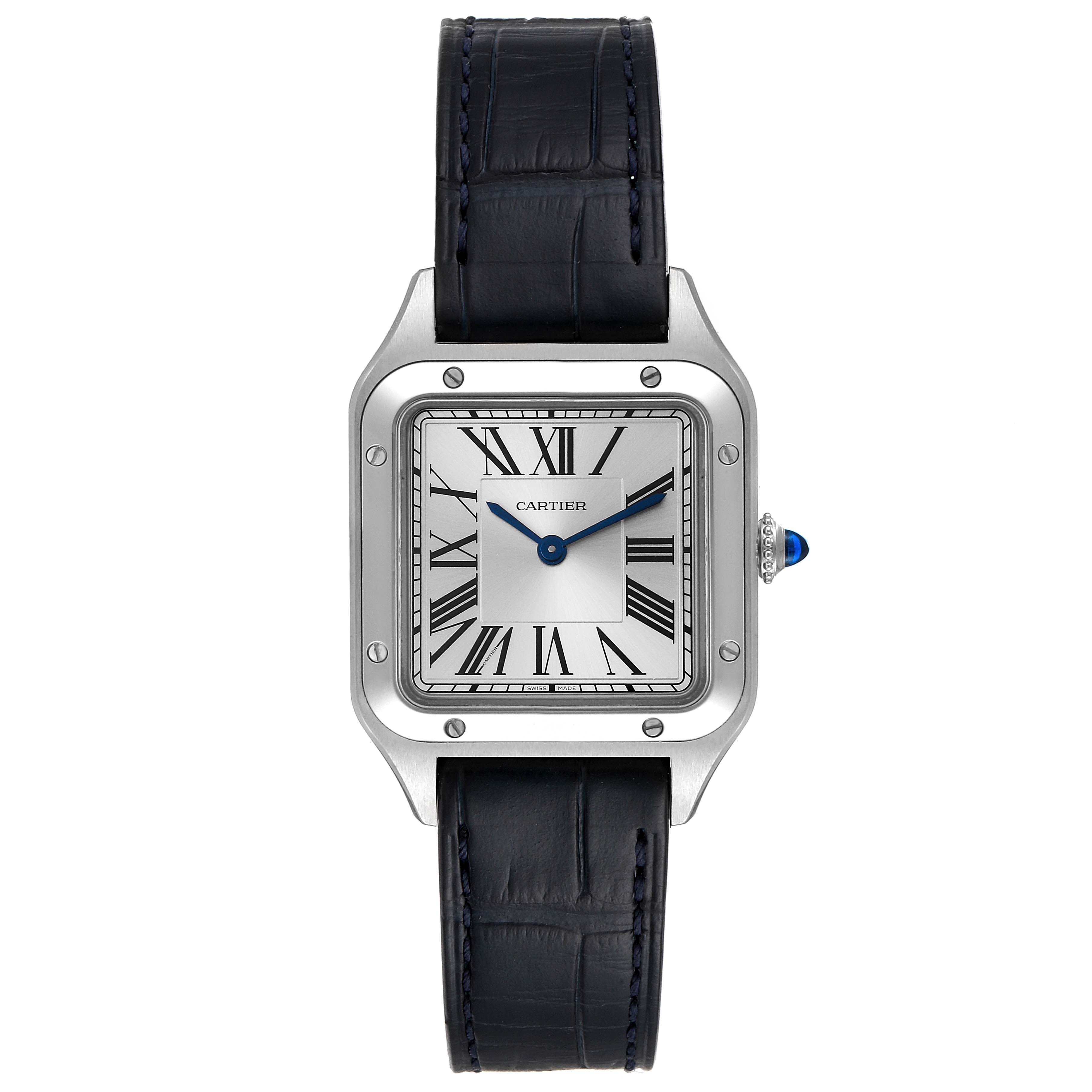 This image shows a frontal view of a Cartier Santos WSSA0023 Women's Stainless Steel Silver Dial WSSA0023 Women's Stainless Steel Silver Dial watch, displaying the face, bezel, and strap.
