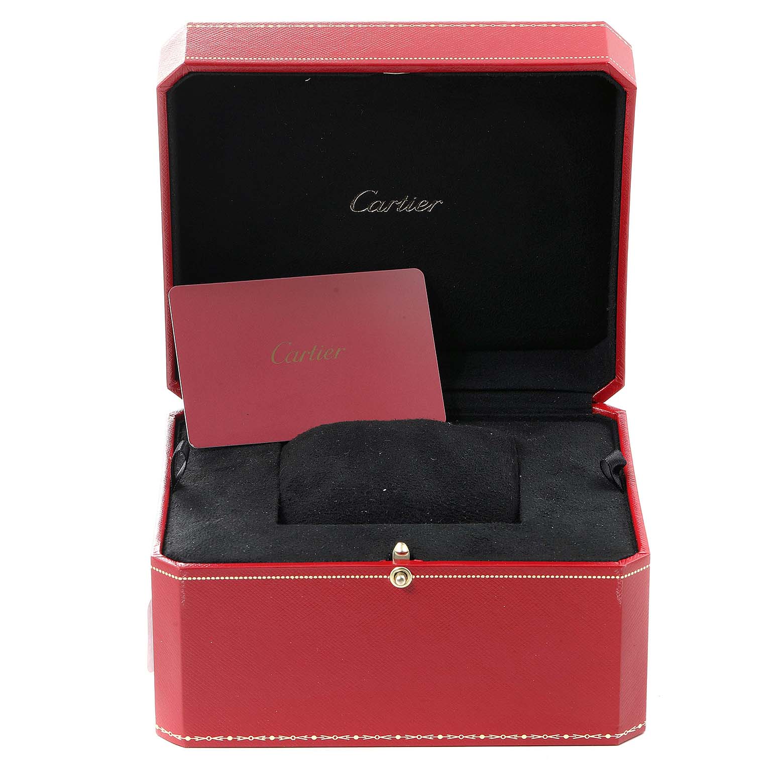 This image shows the open red box and authentication card for the Cartier Santos WSSA0023 Women's Stainless Steel Silver Dial WSSA0023 Women's Stainless Steel Silver Dial watch, captured from a front angle.