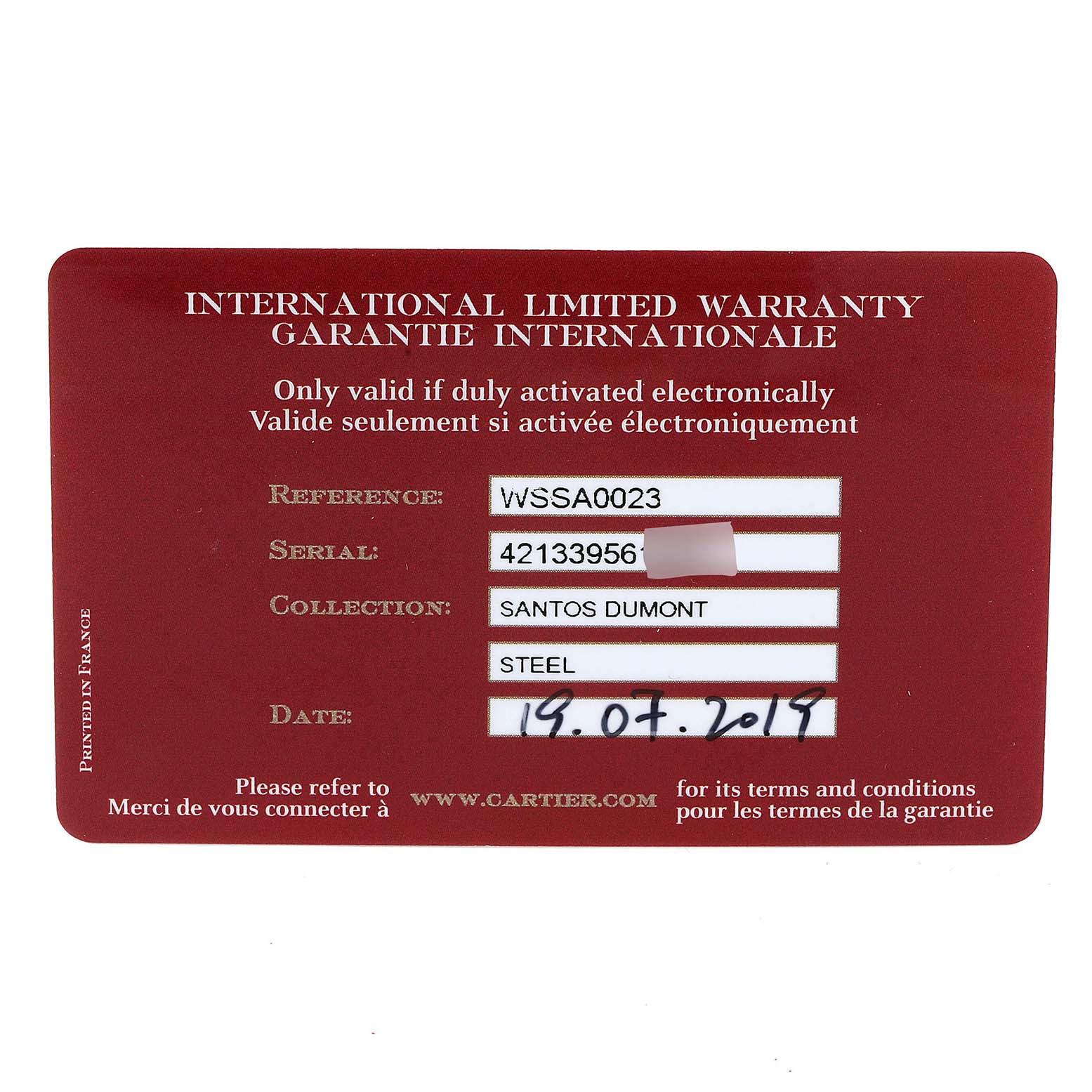 This image displays the international limited warranty card for a Cartier Santos WSSA0023 Women's Stainless Steel Silver Dial WSSA0023 Women's Stainless Steel Silver Dial Dumont watch.
