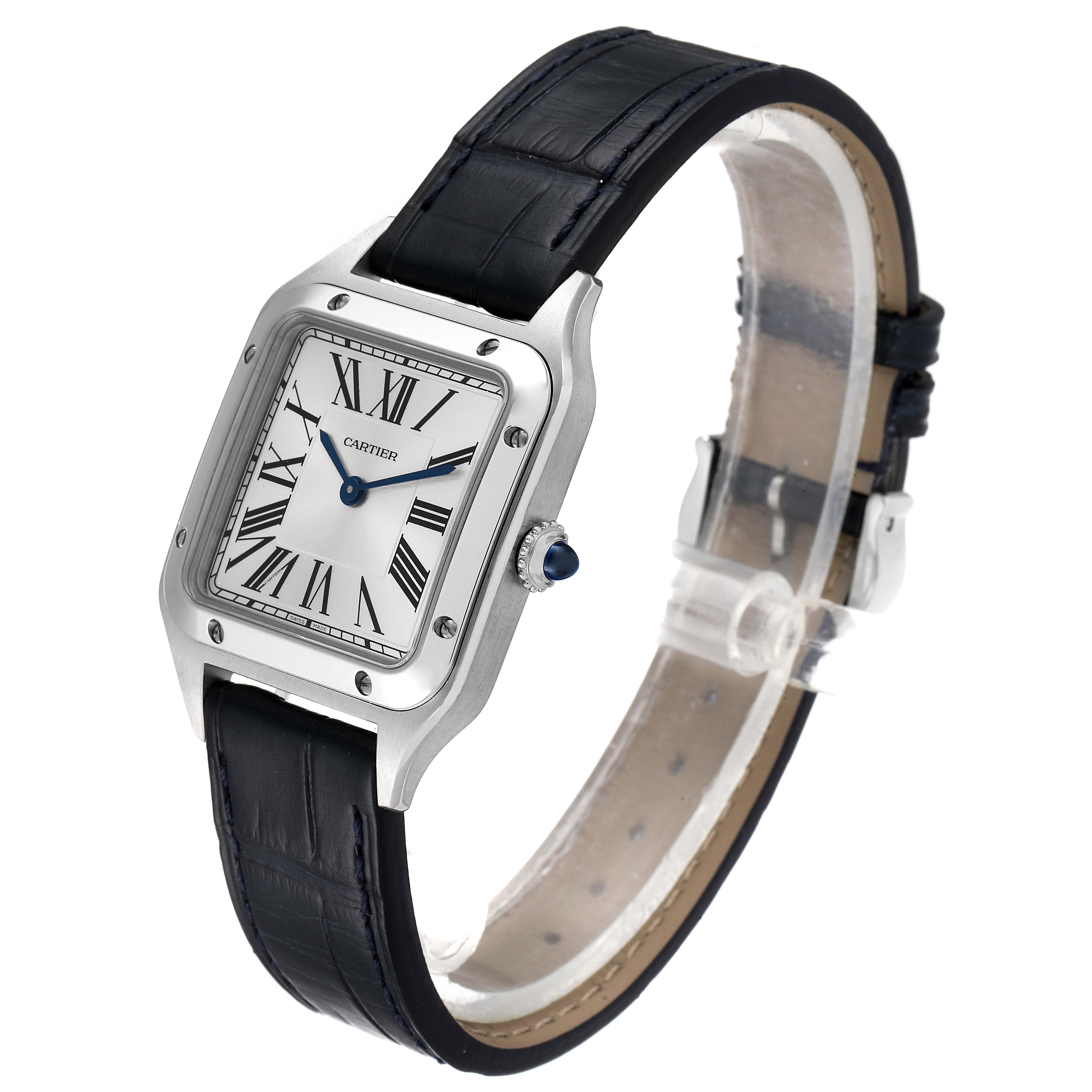 The Cartier Santos WSSA0023 Women's Stainless Steel Silver Dial WSSA0023 Women's Stainless Steel Silver Dial watch is shown at a 3/4 angle, displaying the face, crown, strap, and clasp.