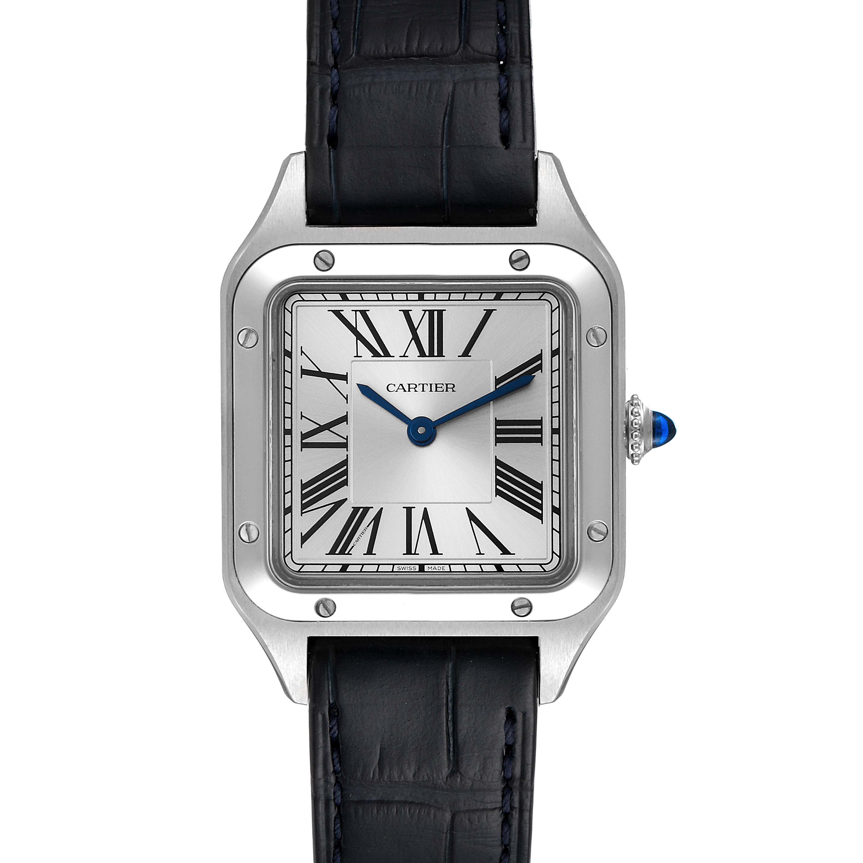 The image shows a front view of the Cartier Santos WSSA0023 Women's Stainless Steel Silver Dial WSSA0023 Women's Stainless Steel Silver Dial watch, highlighting the dial, case, and black strap.