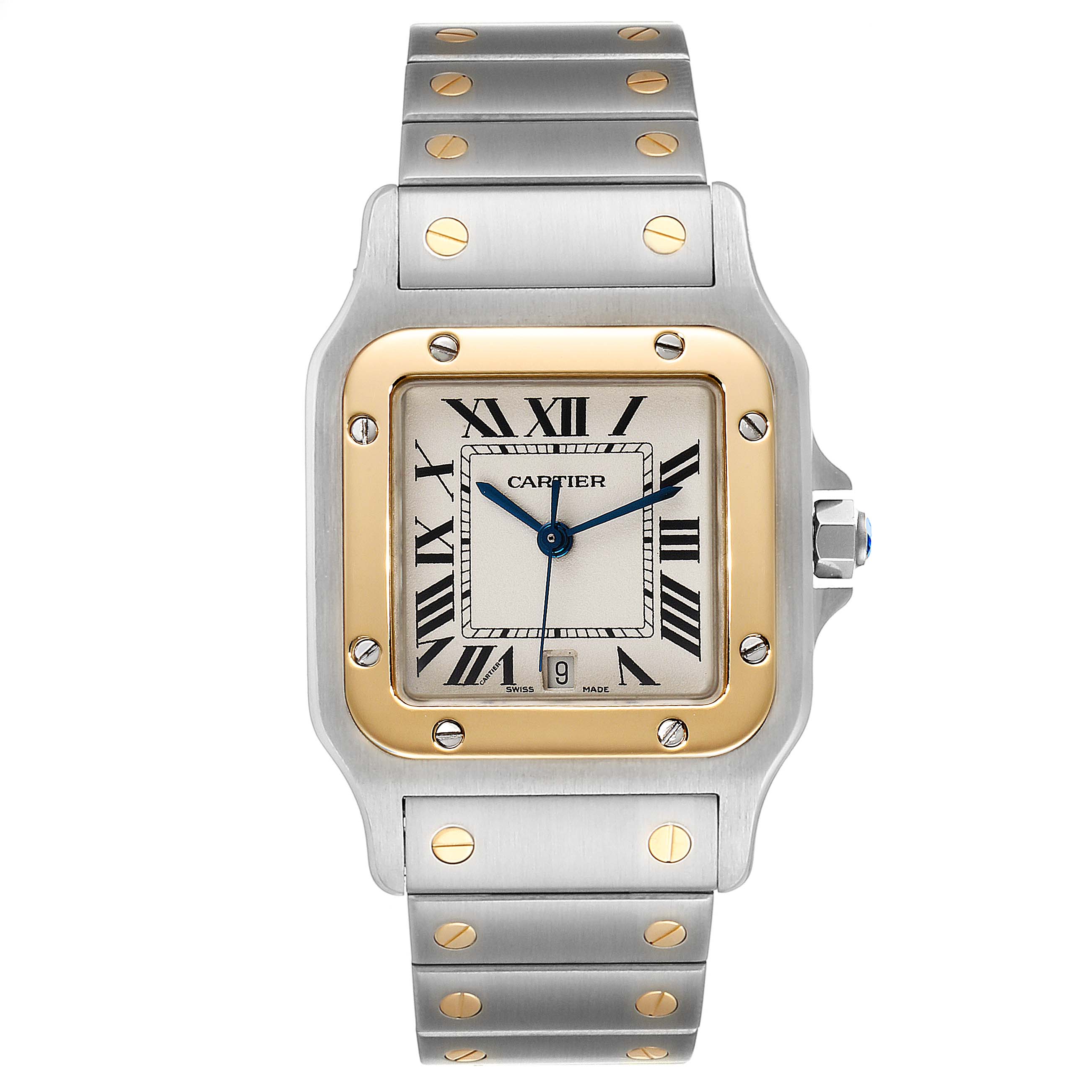 The Cartier Santos W20011C4 Men
s Steel and Gold (two tone) Silver Dial W20011C4 Men
s Steel and Gold (two tone) Silver Dial watch is shown from a top-down angle, highlighting the face, bezel, and bracelet.